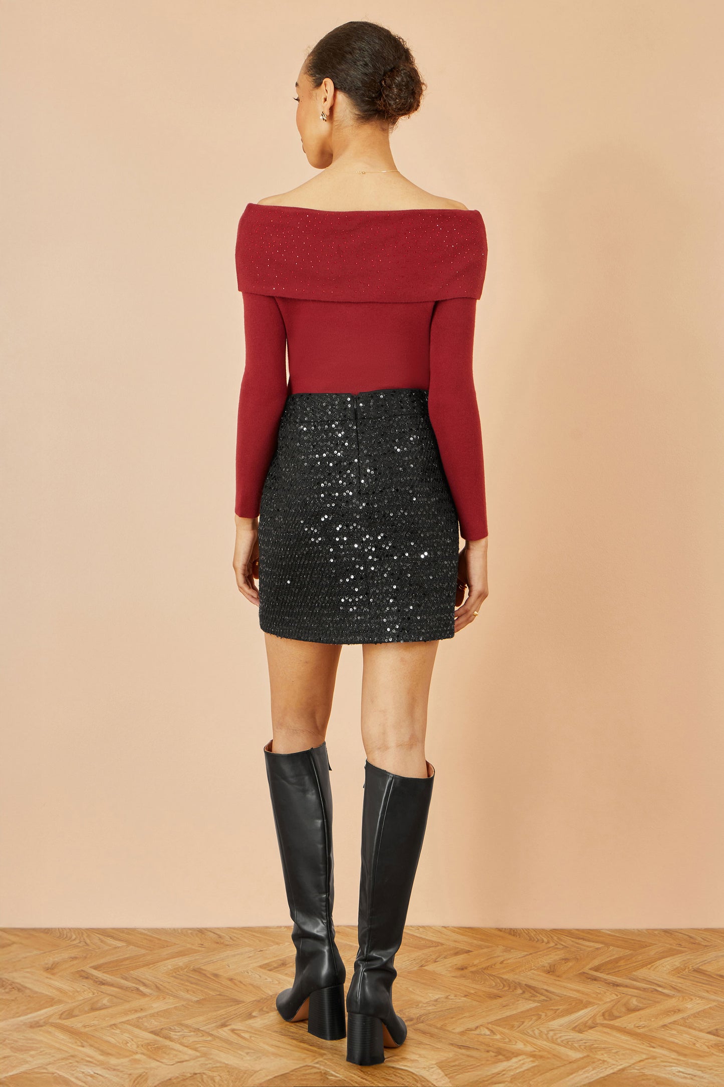 Yumi Burgundy Sparkle Bardot Jumper With Diamante Detail Knit Xmas Jumper Yumi
