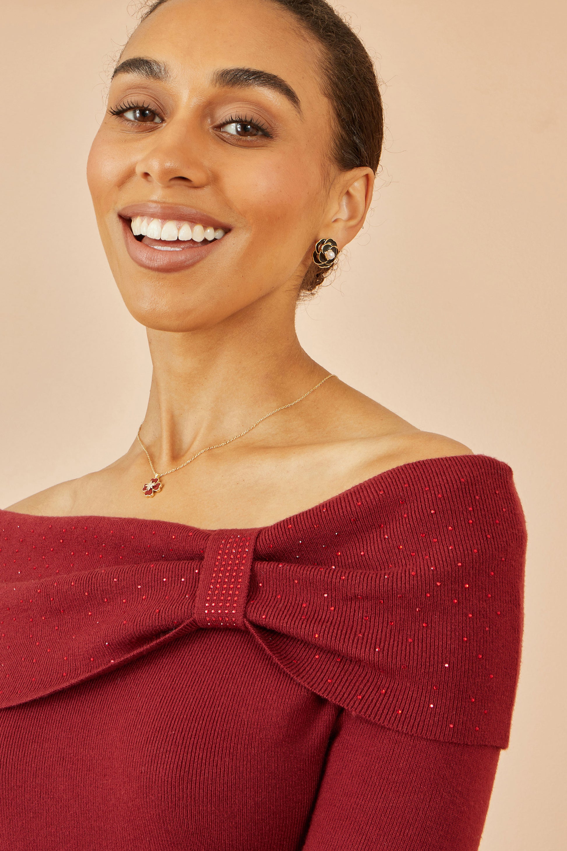 Yumi Burgundy Sparkle Bardot Jumper With Diamante Detail Knit Xmas Jumper Yumi