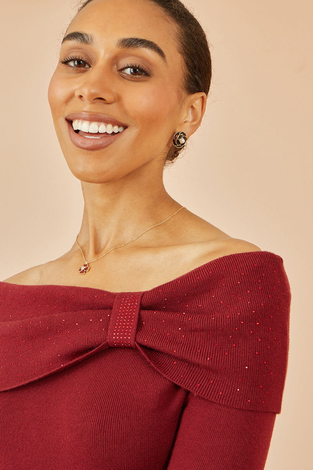 Yumi Burgundy Sparkle Bardot Jumper With Diamante Detail Knit Xmas Jumper Yumi