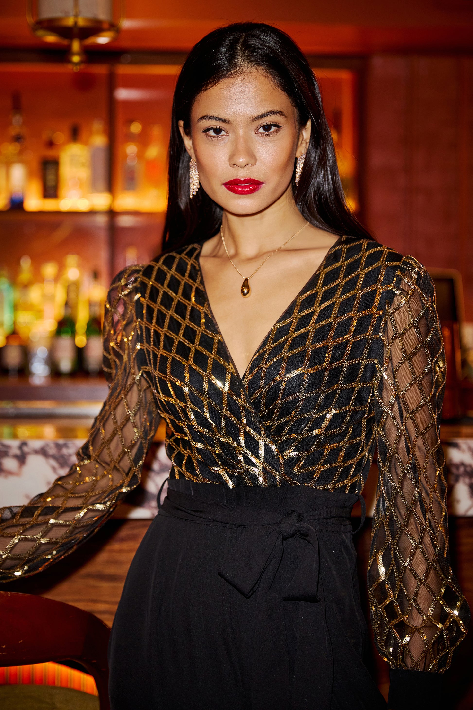 Yumi Black And Gold Sequin Wrap Over Jumpsuit JUMPSUIT Yumi