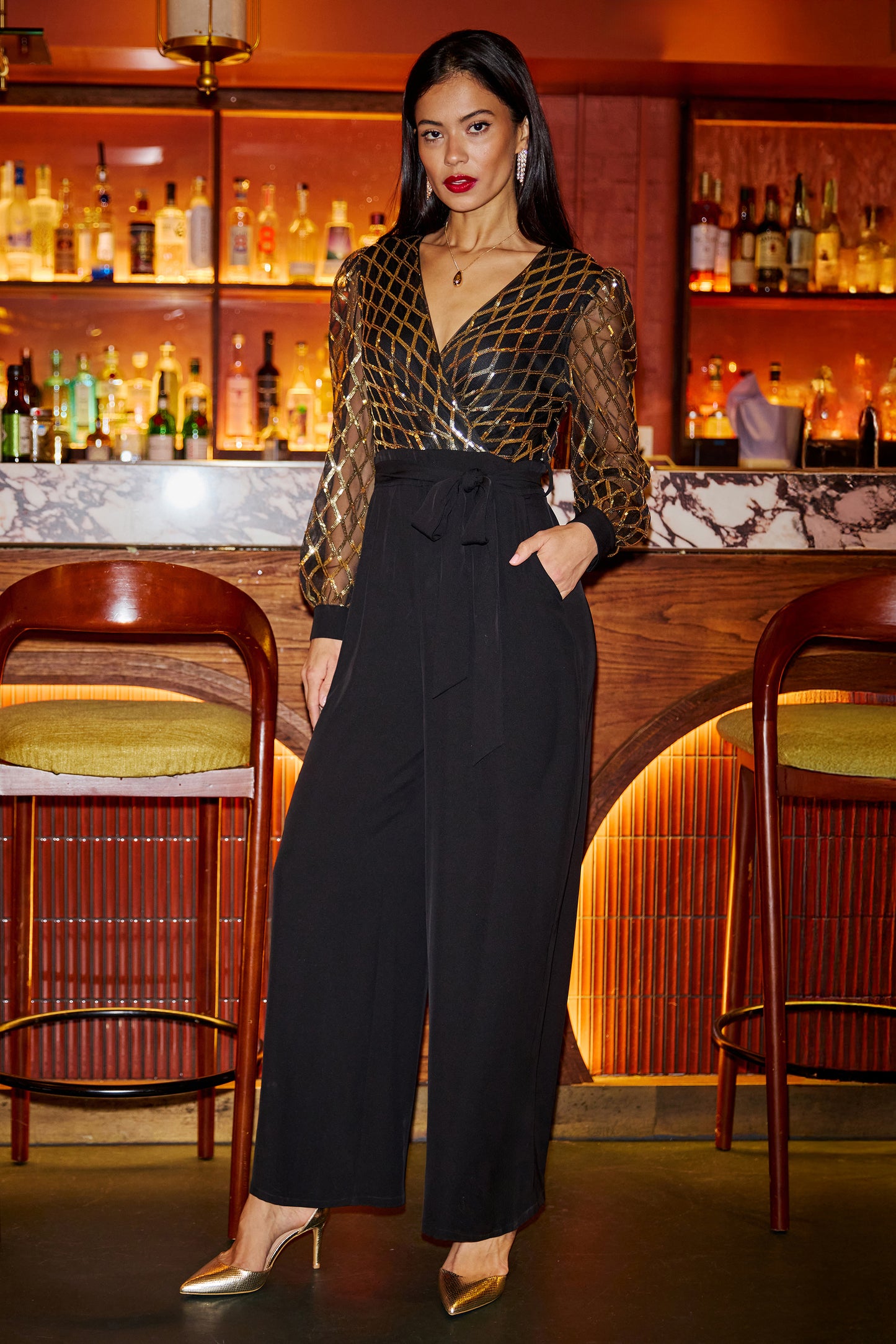Yumi Black And Gold Sequin Wrap Over Jumpsuit JUMPSUIT Yumi