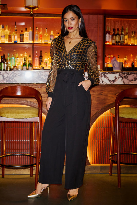 Yumi Black And Gold Sequin Wrap Over Jumpsuit JUMPSUIT Yumi
