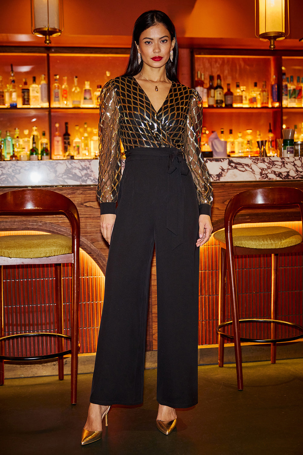 Yumi Black And Gold Sequin Wrap Over Jumpsuit JUMPSUIT Yumi