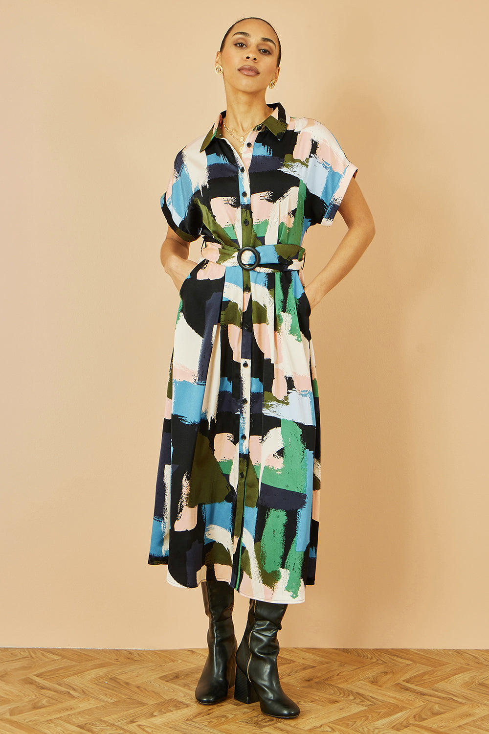 Yumi Blue Brushstroke Print Relaxed Midi shirt Dress Dress Casual Yumi