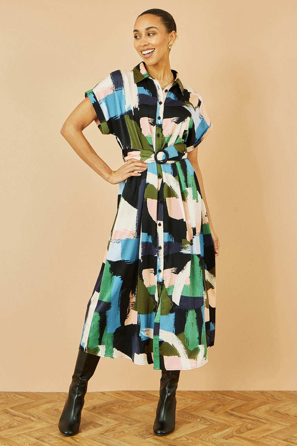 Yumi Blue Brushstroke Print Relaxed Midi shirt Dress Dress Casual Yumi