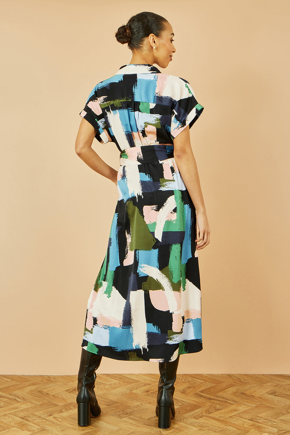 Yumi Blue Brushstroke Print Relaxed Midi shirt Dress Dress Casual Yumi