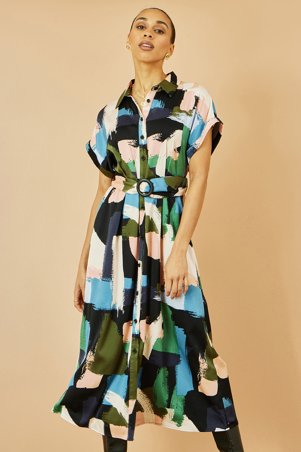 Yumi Blue Brushstroke Print Relaxed Midi shirt Dress Dress Casual Yumi