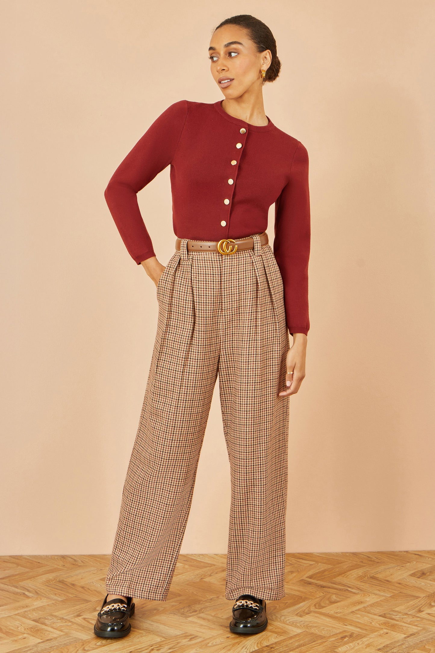 Yumi Brown Check Wide Leg Trousers TROUSER Yumi
