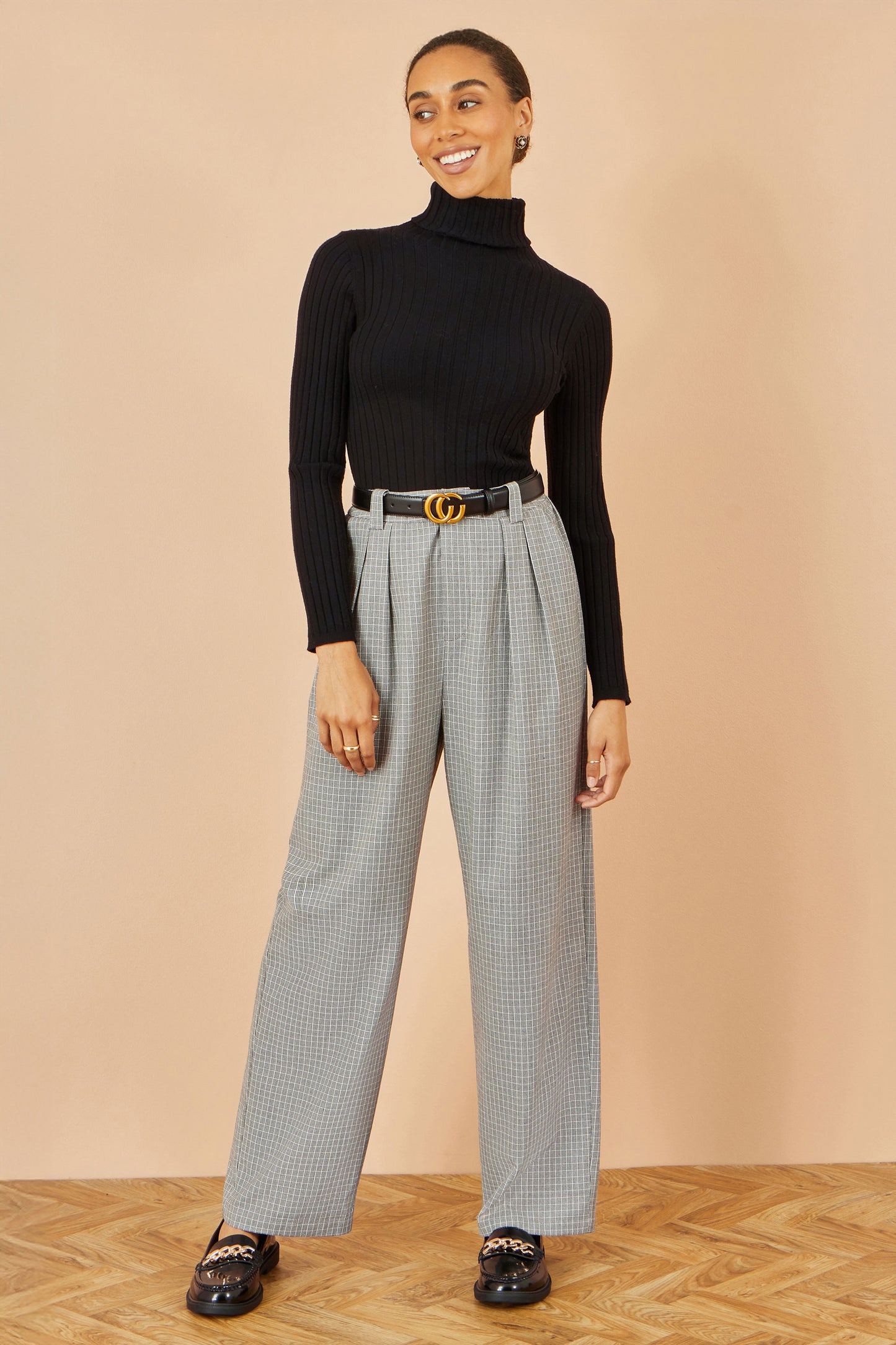 Yumi Grey Check Wide Leg Trousers TROUSER Yumi