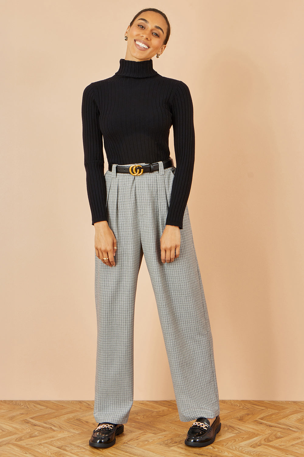 Yumi Grey Check Wide Leg Trousers TROUSER Yumi
