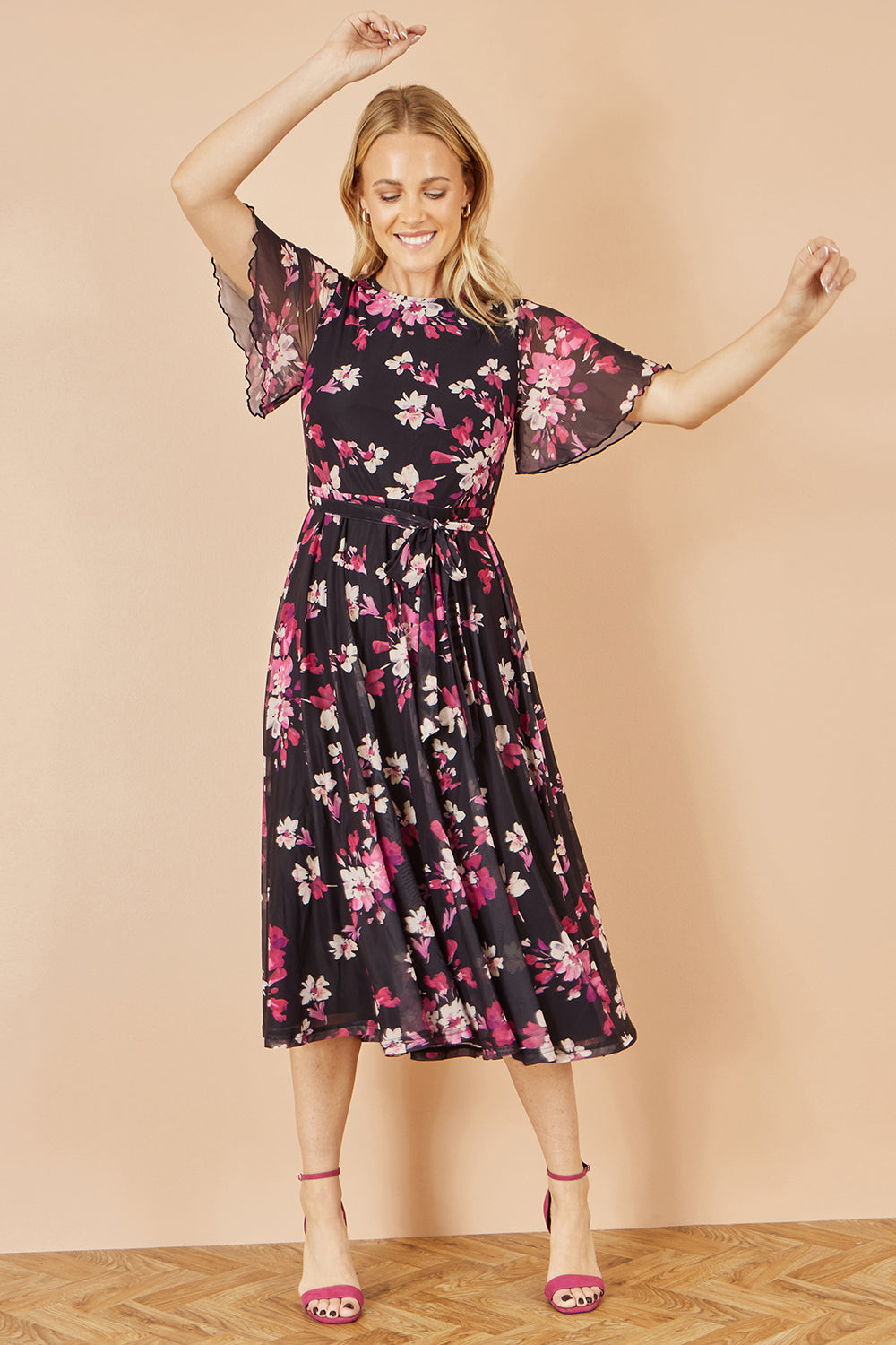 Yumi Black Mesh Skater Floral Midi Dress Dress Occasion Yumi