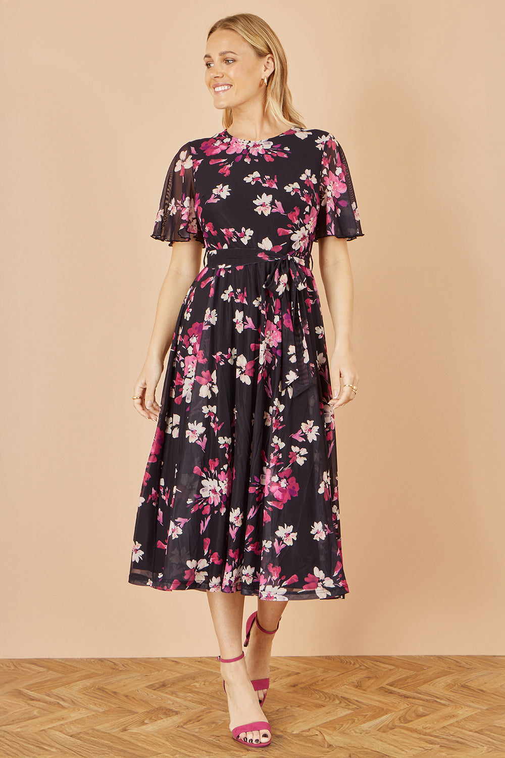Yumi Black Mesh Skater Floral Midi Dress Dress Occasion Yumi