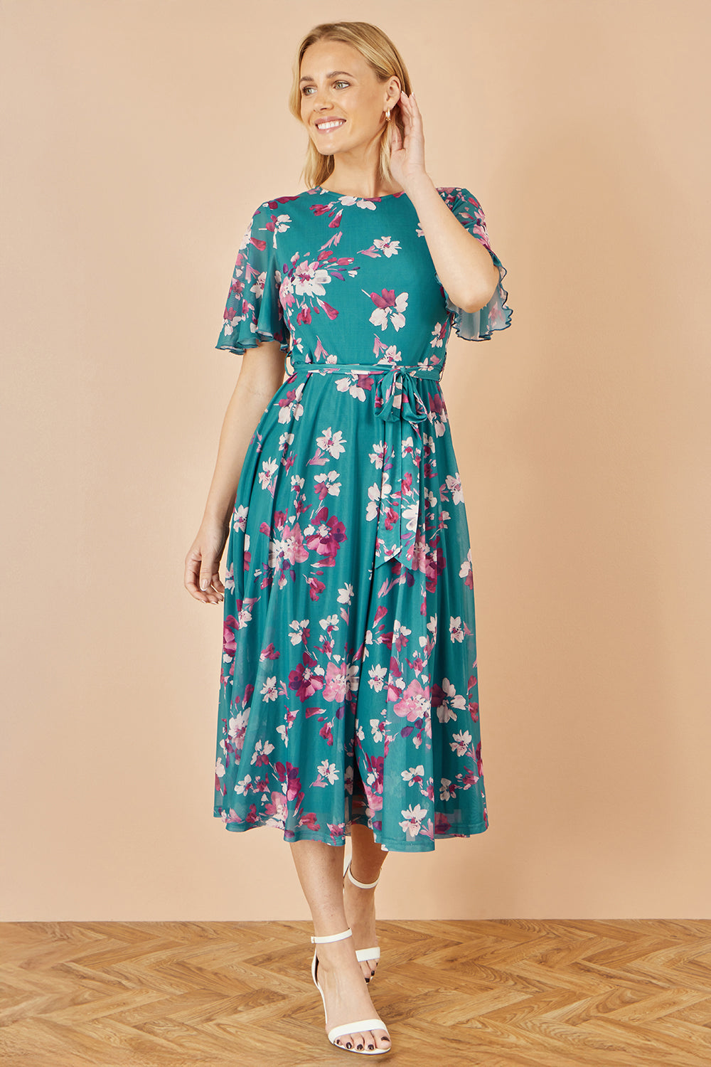 Yumi Teal Mesh Skater Floral Midi Dress Dress Occasion Yumi