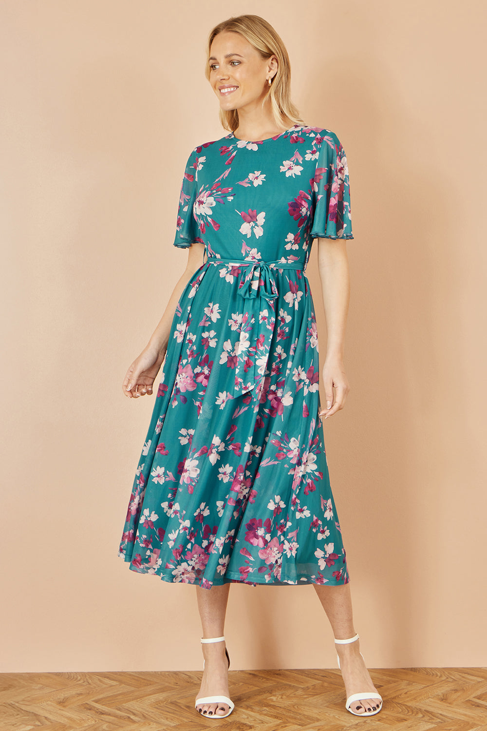 Yumi Teal Mesh Skater Floral Midi Dress Dress Occasion Yumi
