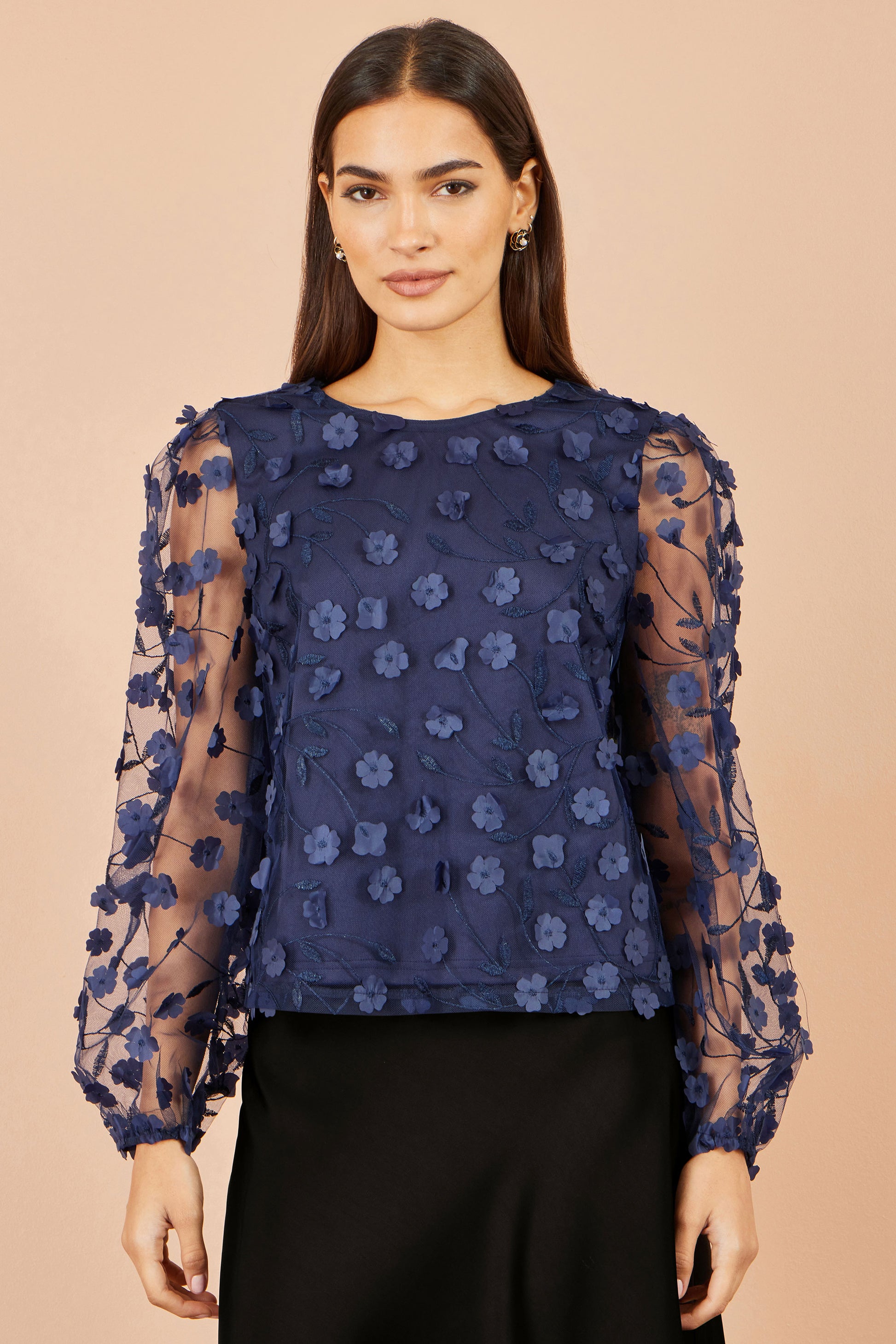 Yumi Navy Sheer Sleeve Applique Flower Top Tops Yumi