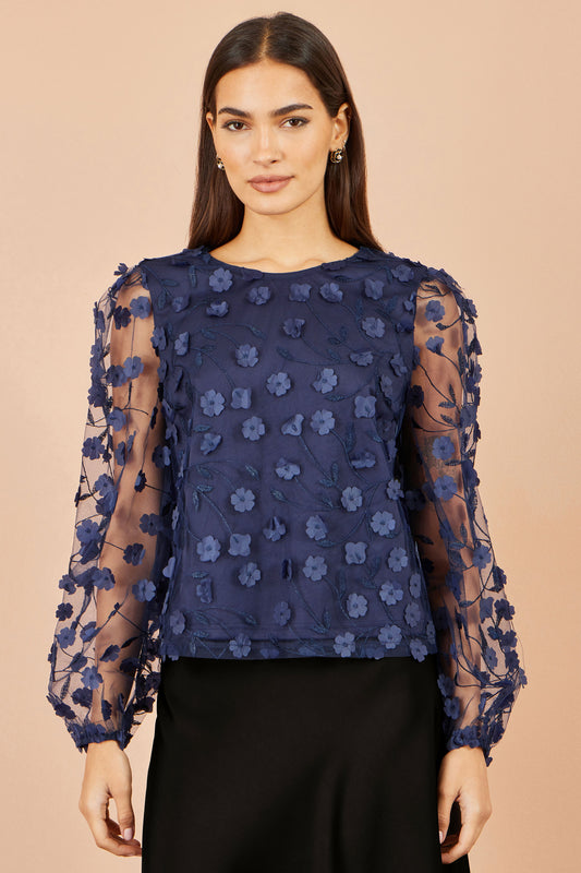 Yumi Navy Sheer Sleeve Applique Flower Top Tops Yumi