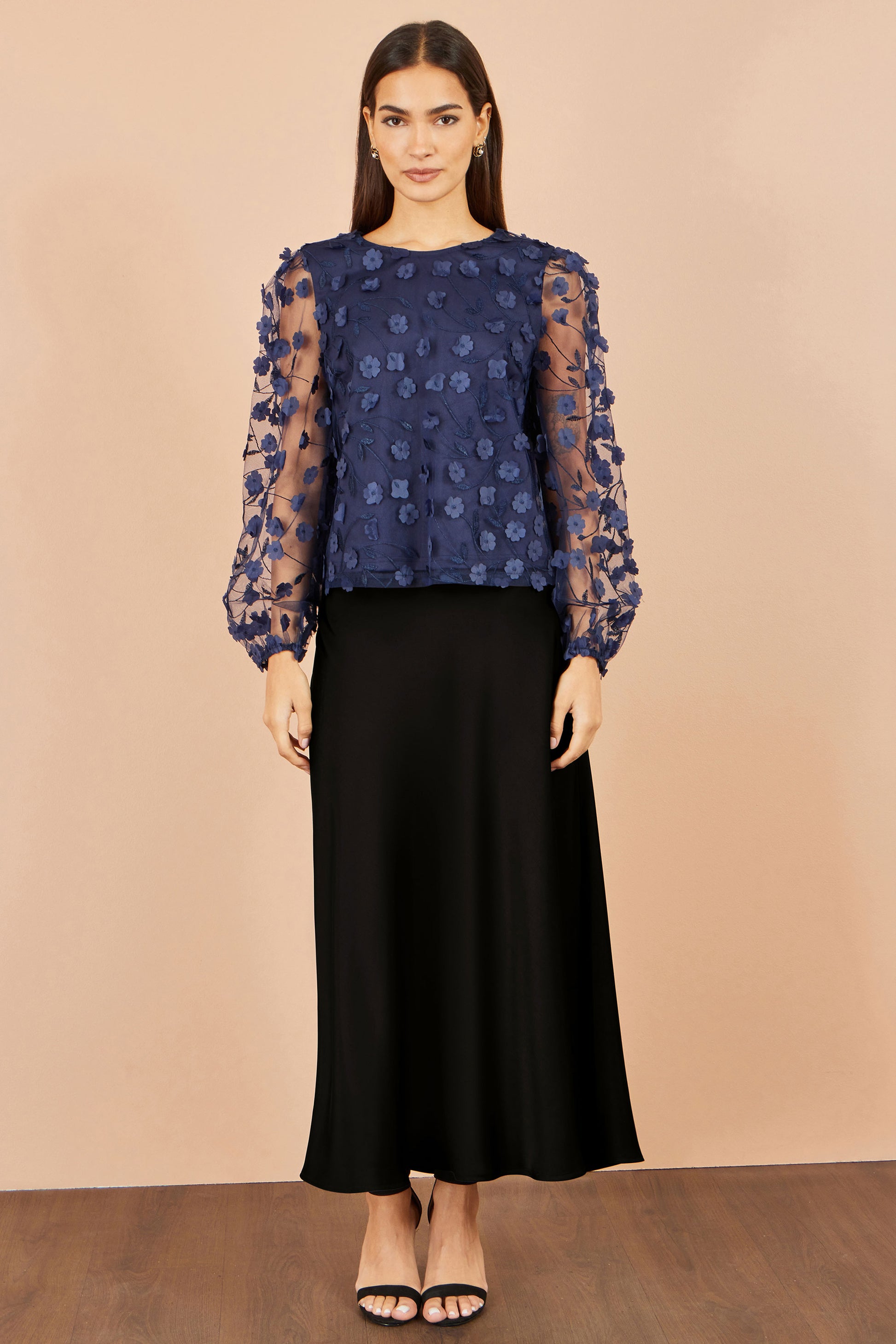 Yumi Navy Sheer Sleeve Applique Flower Top Tops Yumi