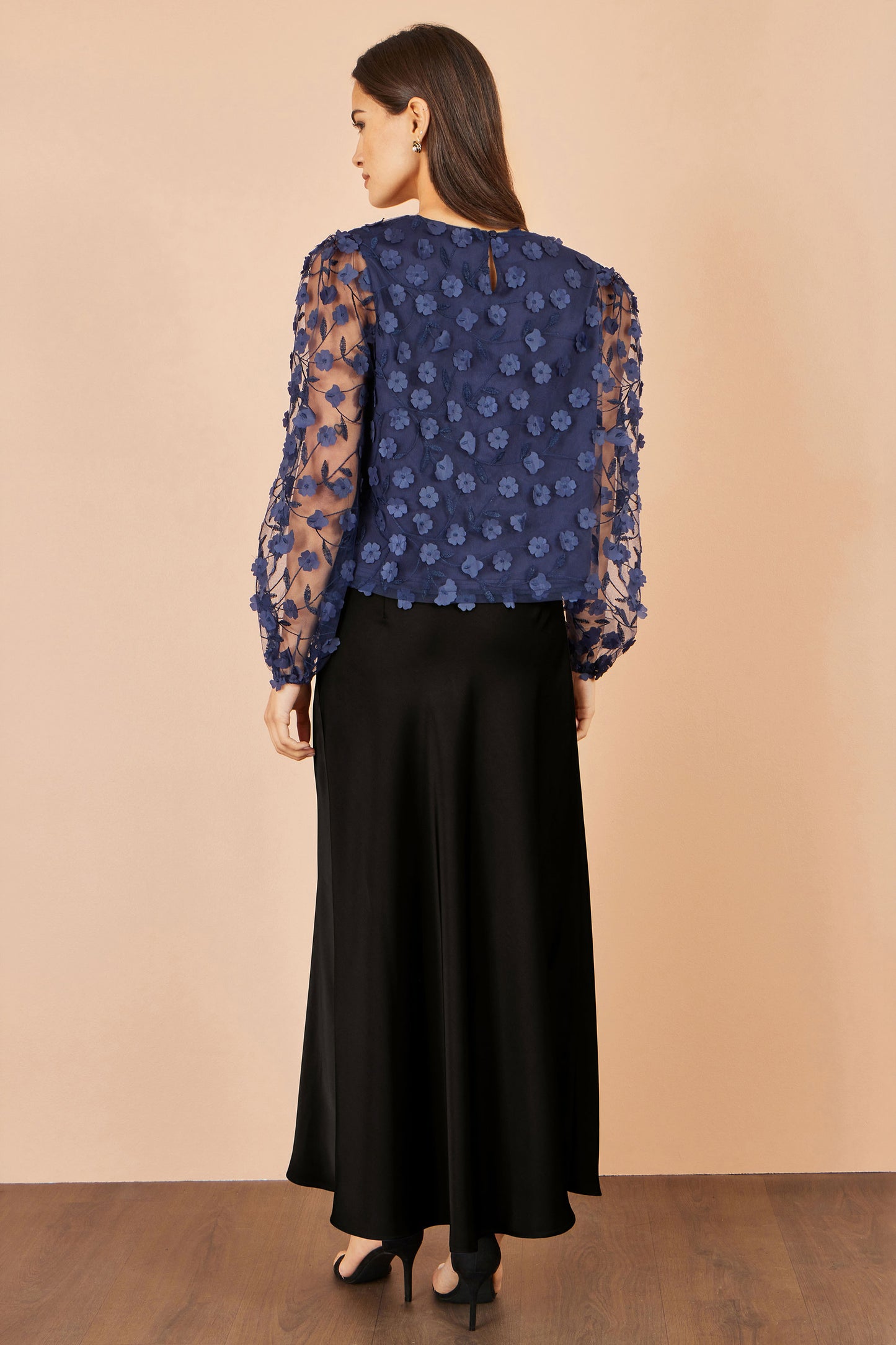 Yumi Navy Sheer Sleeve Applique Flower Top Tops Yumi