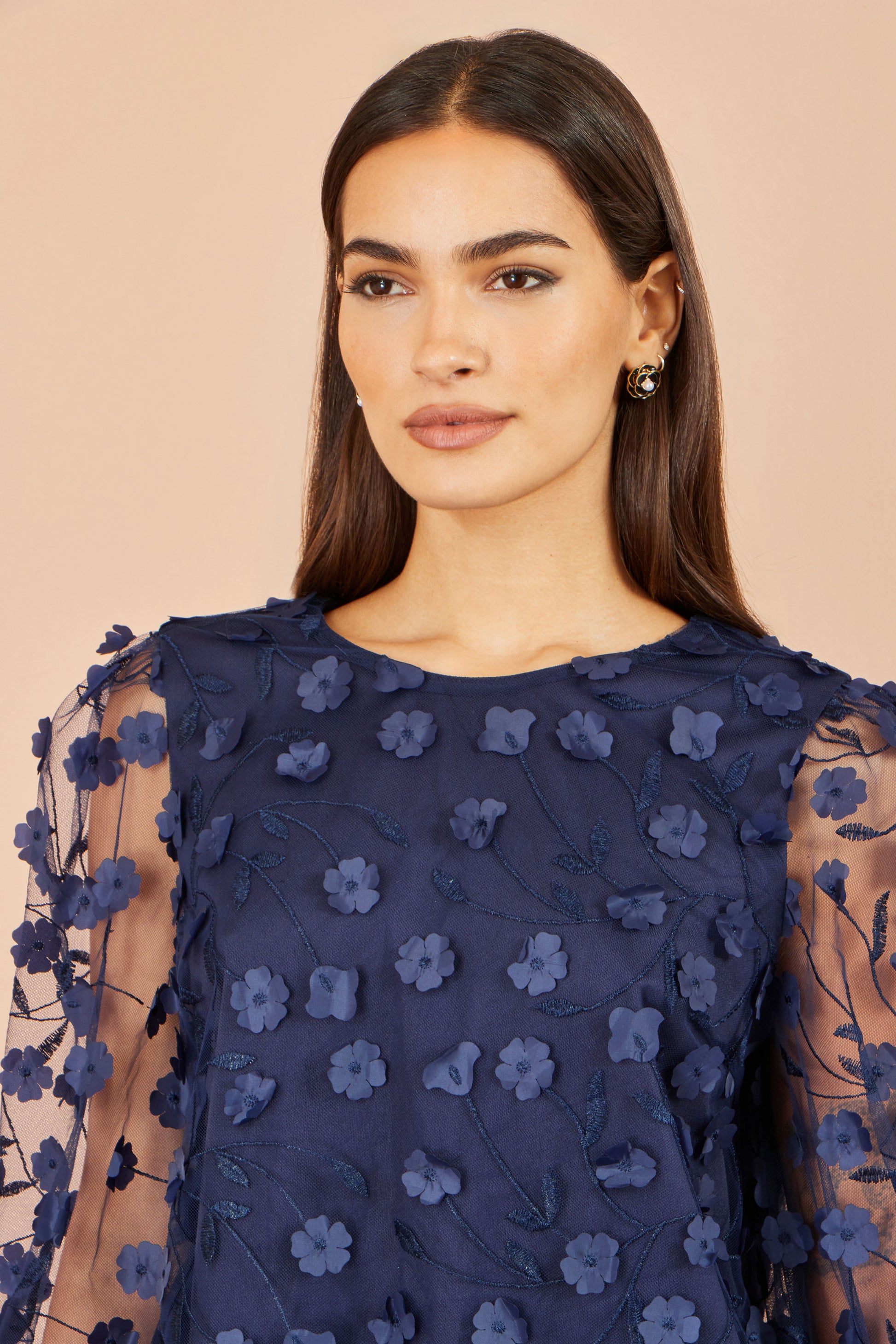 Yumi Navy Sheer Sleeve Applique Flower Top Tops Yumi