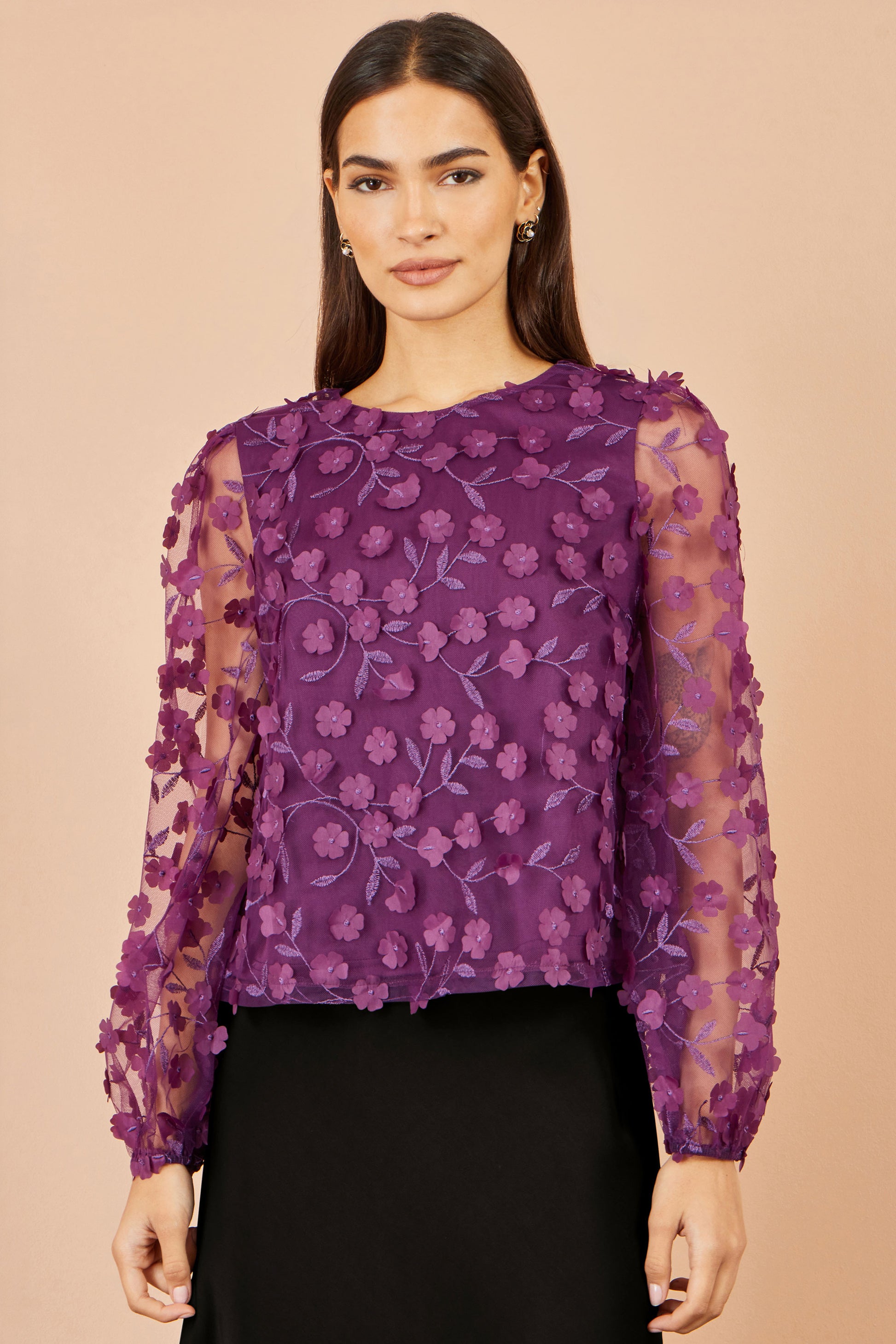 Yumi Plum Sheer Sleeve Applique Flower Top Tops Yumi