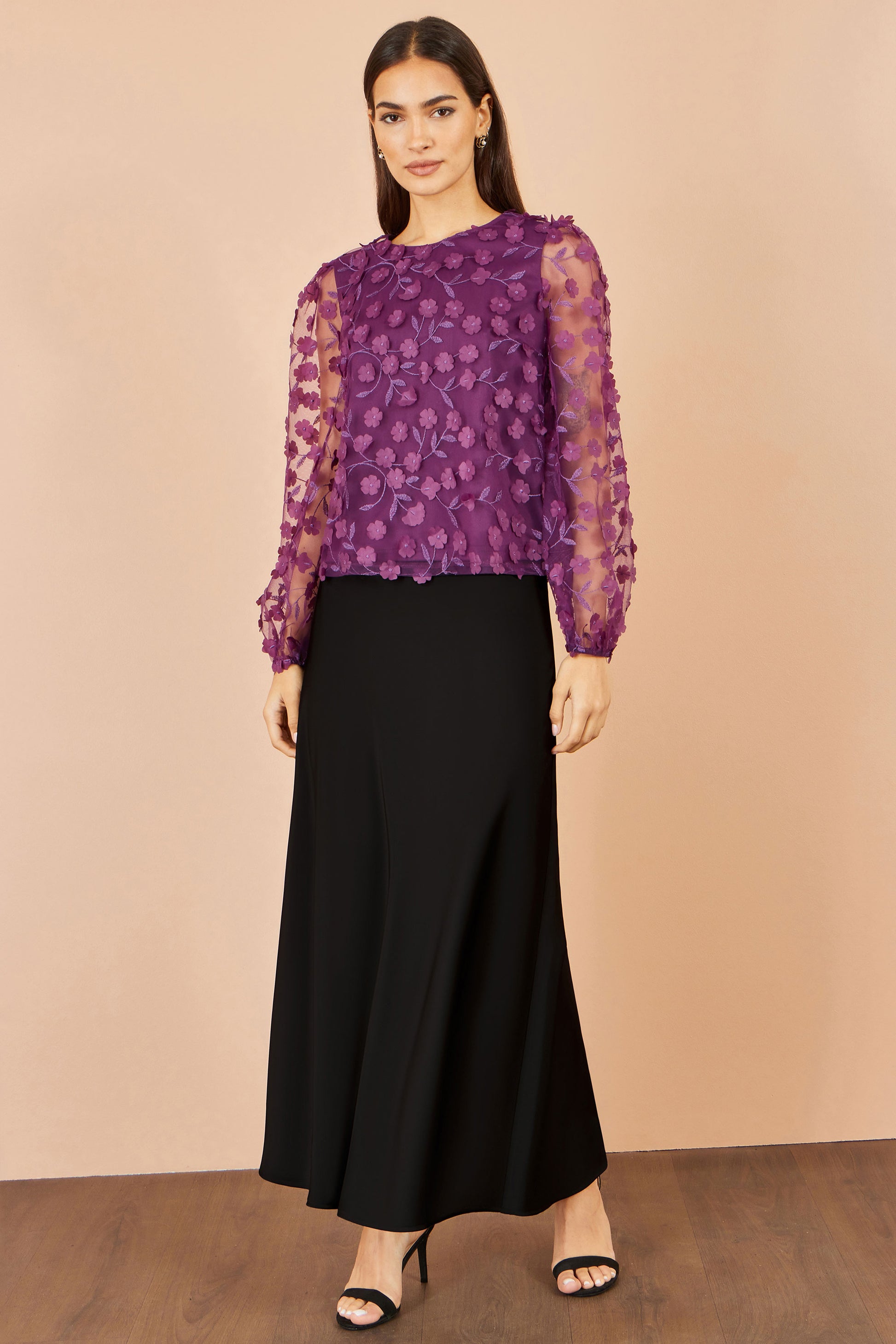 Yumi Plum Sheer Sleeve Applique Flower Top Tops Yumi