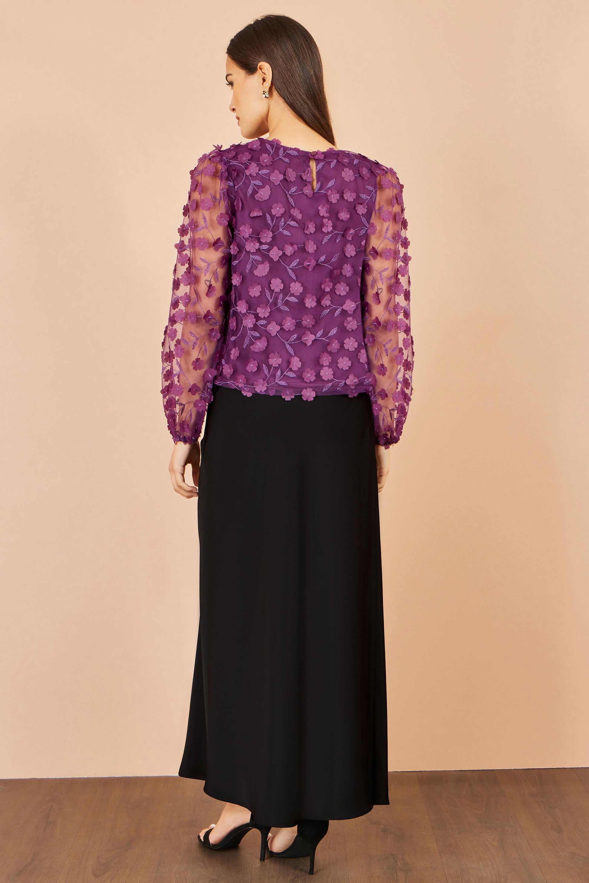 Yumi Plum Sheer Sleeve Applique Flower Top Tops Yumi