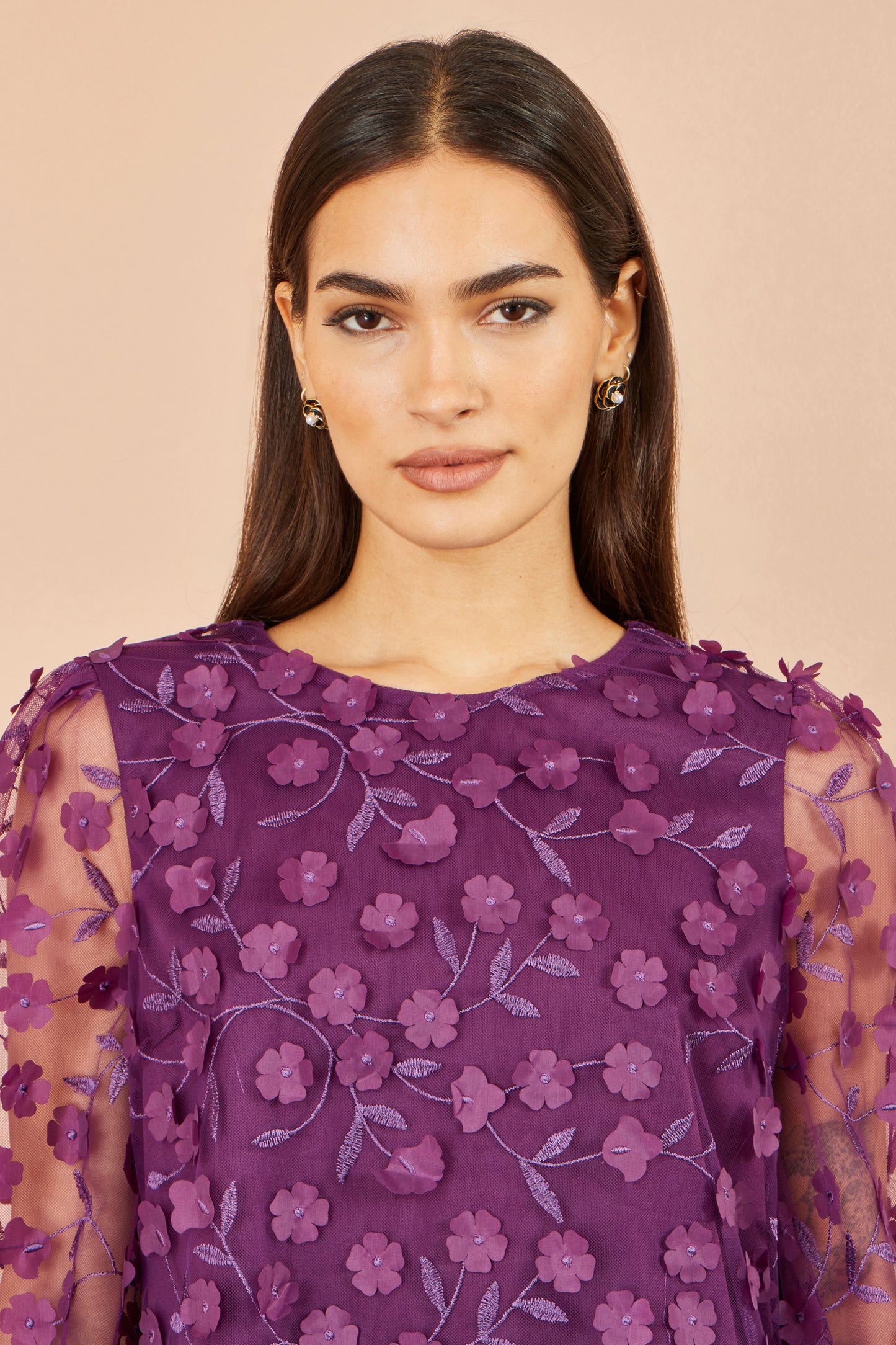 Yumi Plum Sheer Sleeve Applique Flower Top Tops Yumi