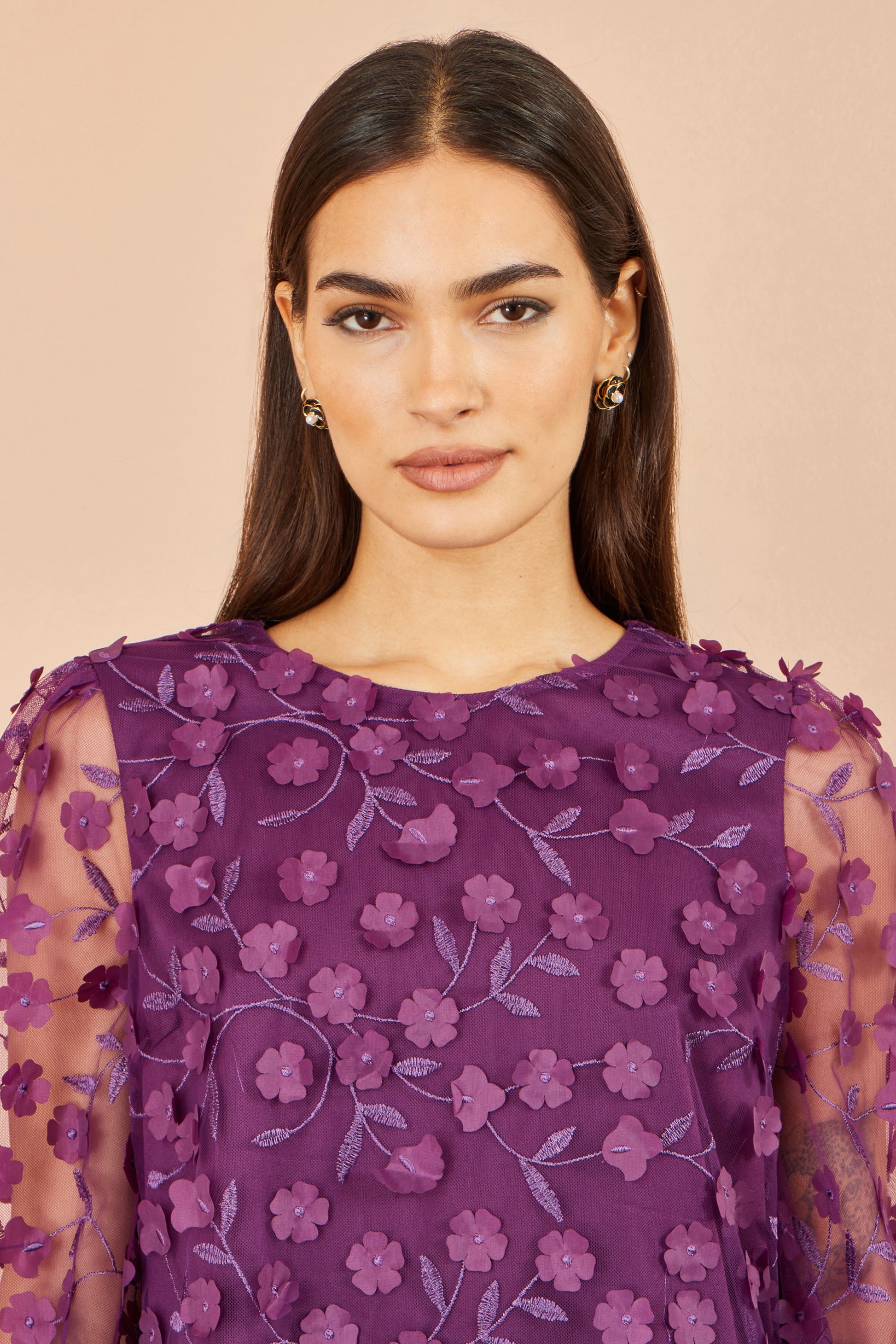 Yumi Plum Sheer Sleeve Applique Flower Top Tops Yumi