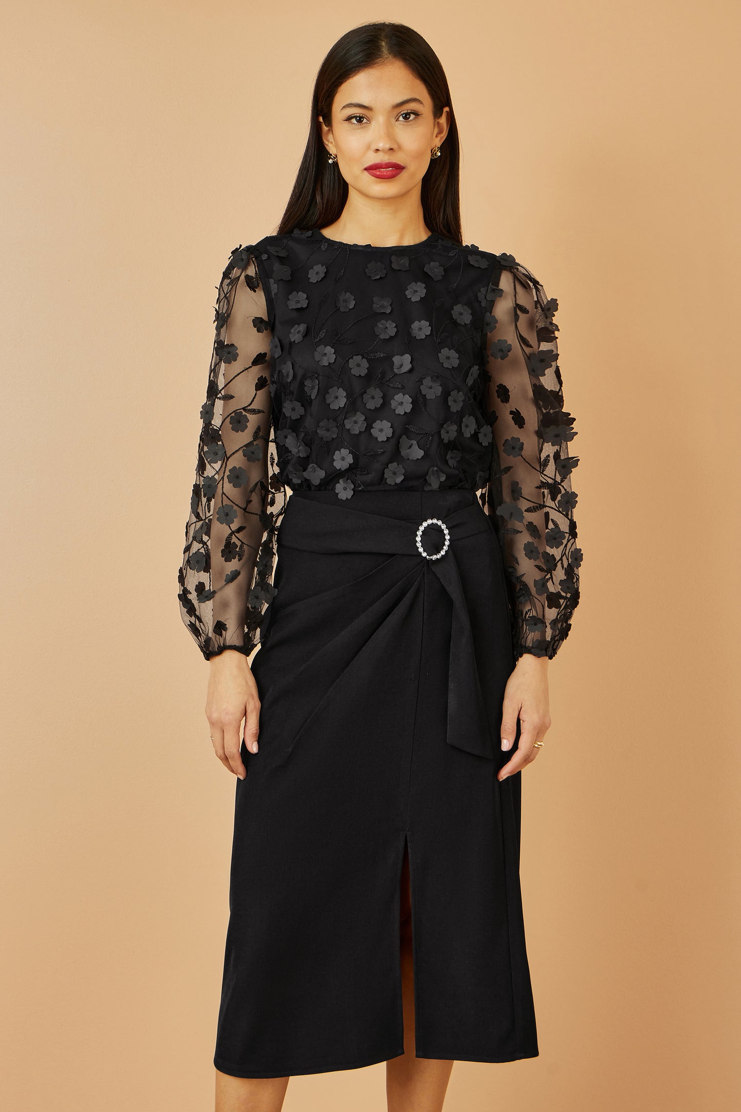 Yumi Black Sheer Sleeve Applique Flower Top Top Yumi