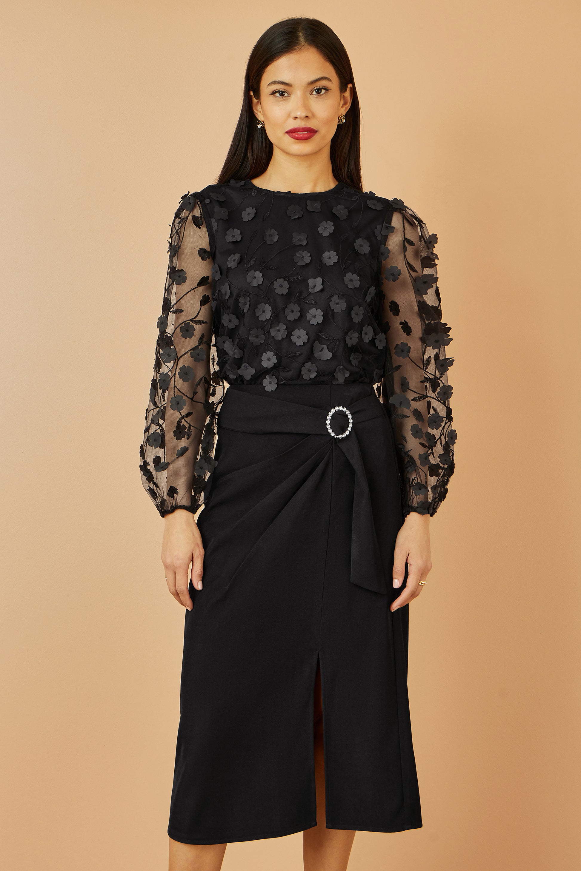 Yumi Black Sheer Sleeve Applique Flower Top Top Yumi