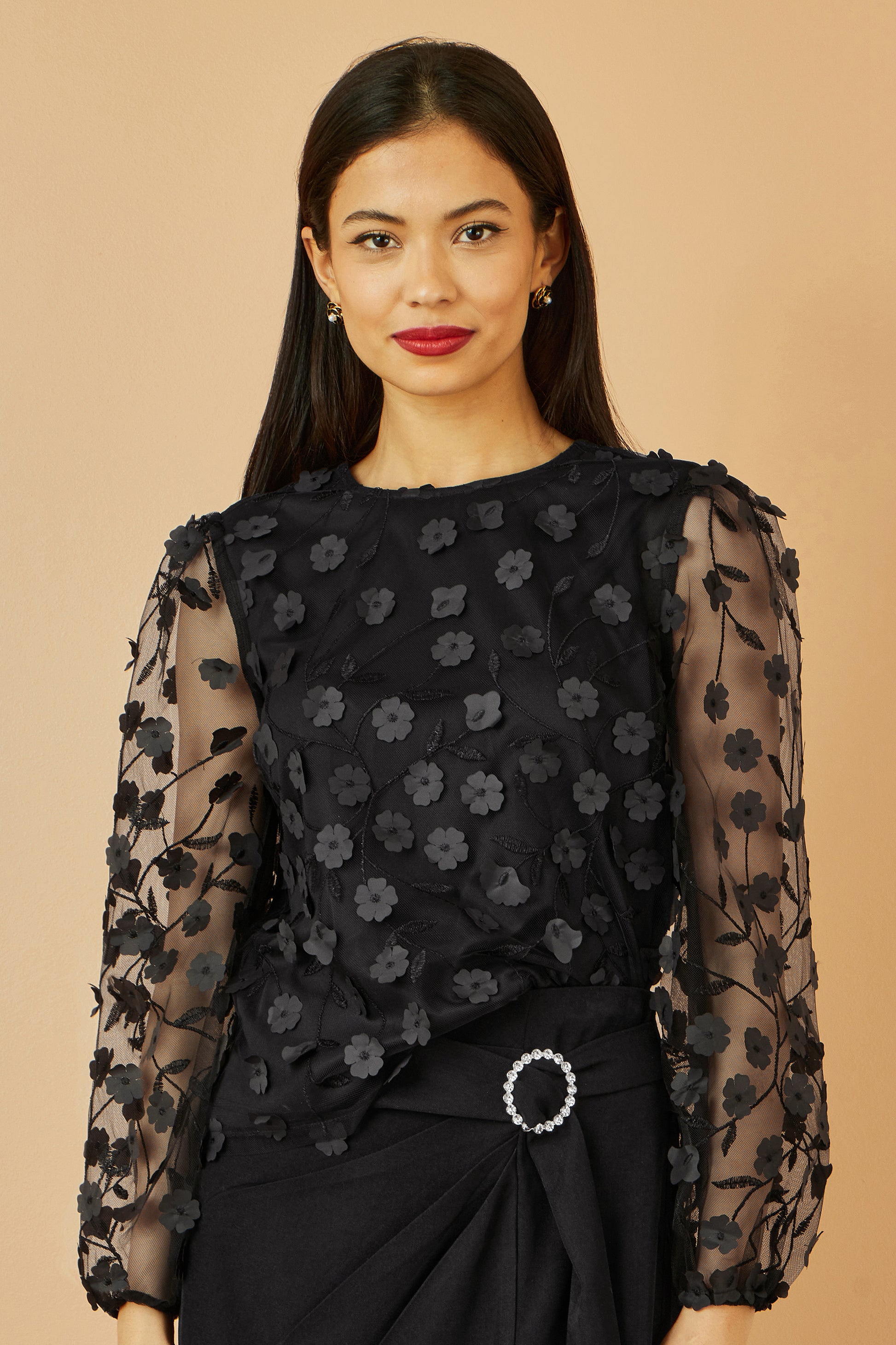 Yumi Black Sheer Sleeve Applique Flower Top Top Yumi