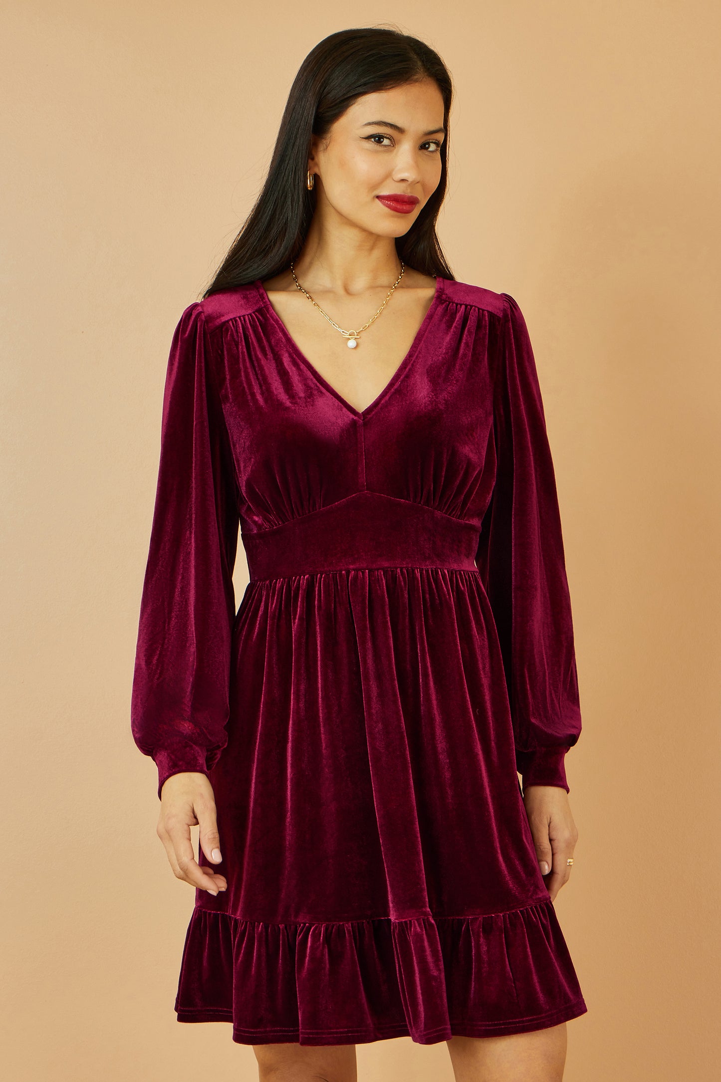 Yumi Burgundy Velvet Long Sleeve Skater Dress Dress Party Yumi