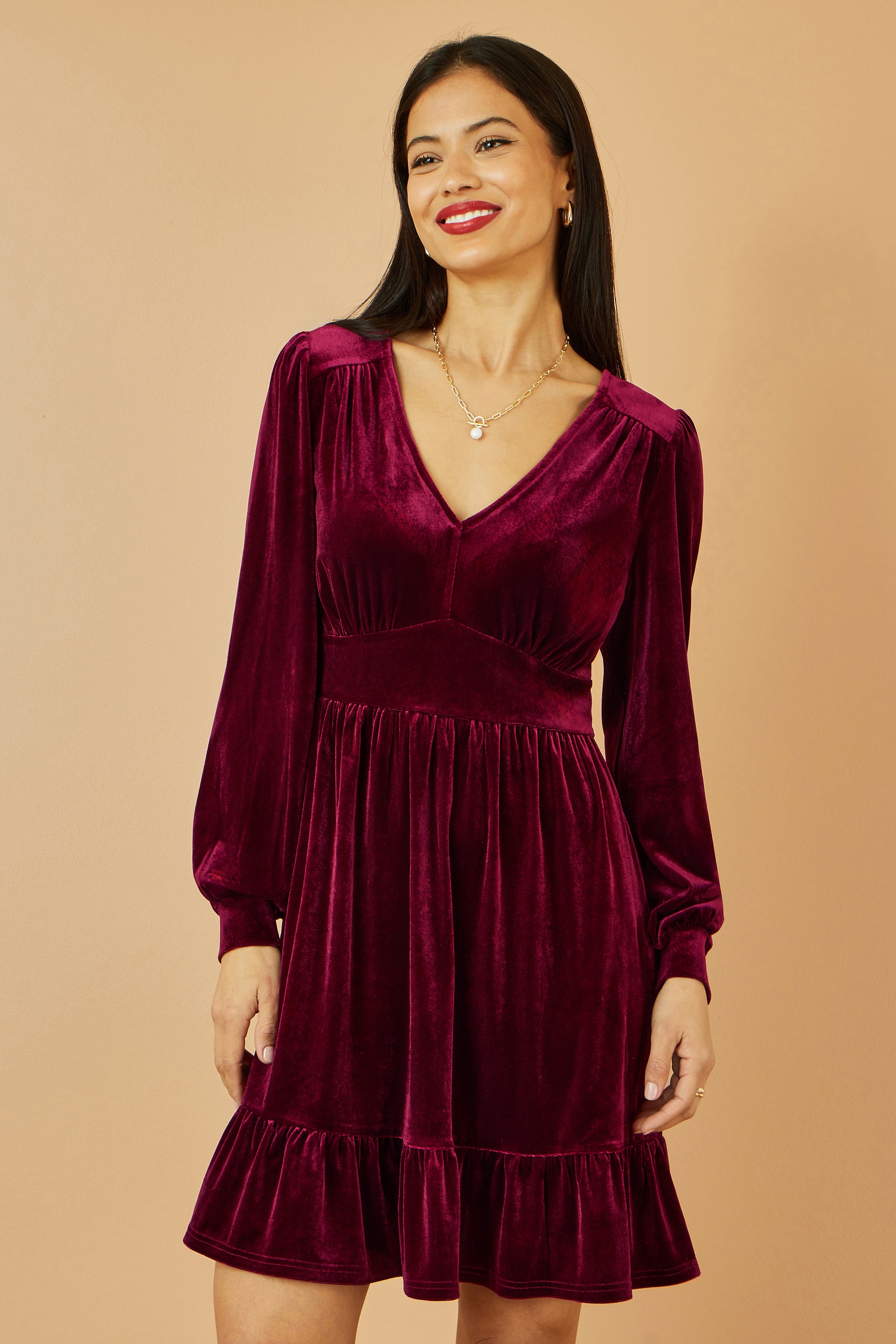 Yumi Burgundy Velvet Long Sleeve Skater Dress Dress Party Yumi
