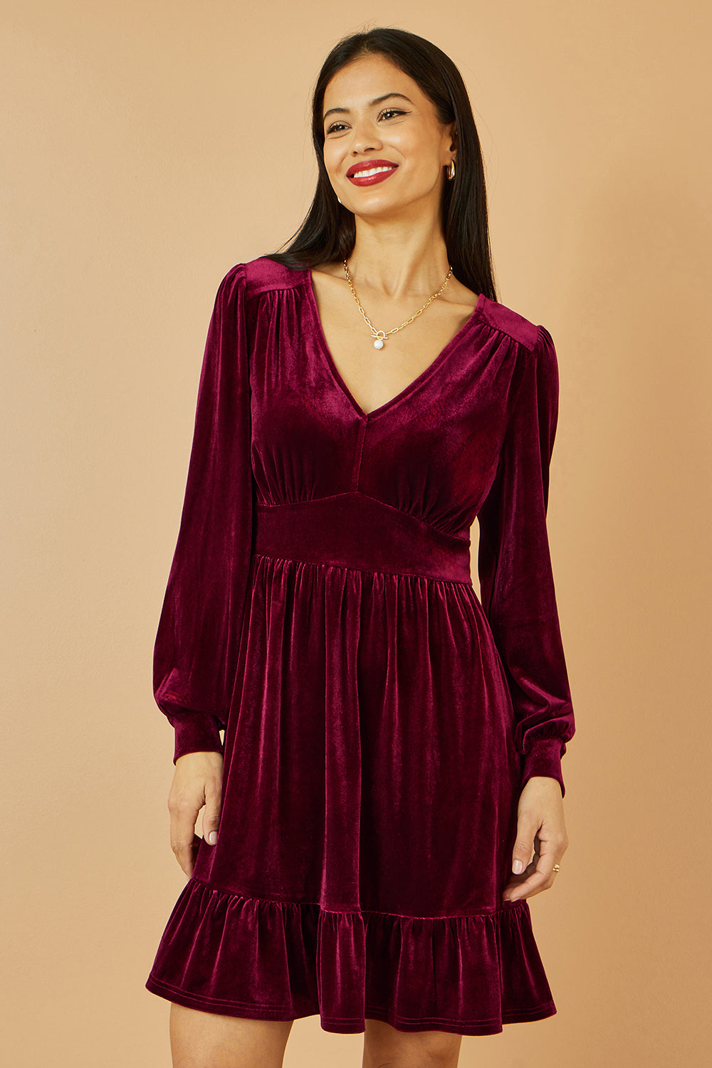 long sleeve red velvet skater dress Plunge V-neck Long-sleeved Velvet Skater Dress