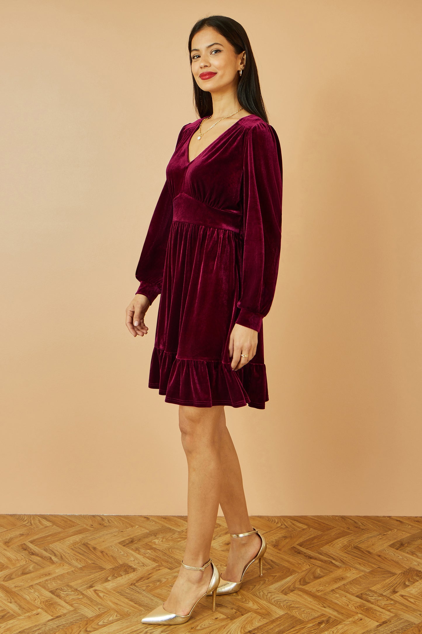 Yumi Burgundy Velvet Long Sleeve Skater Dress Dress Party Yumi