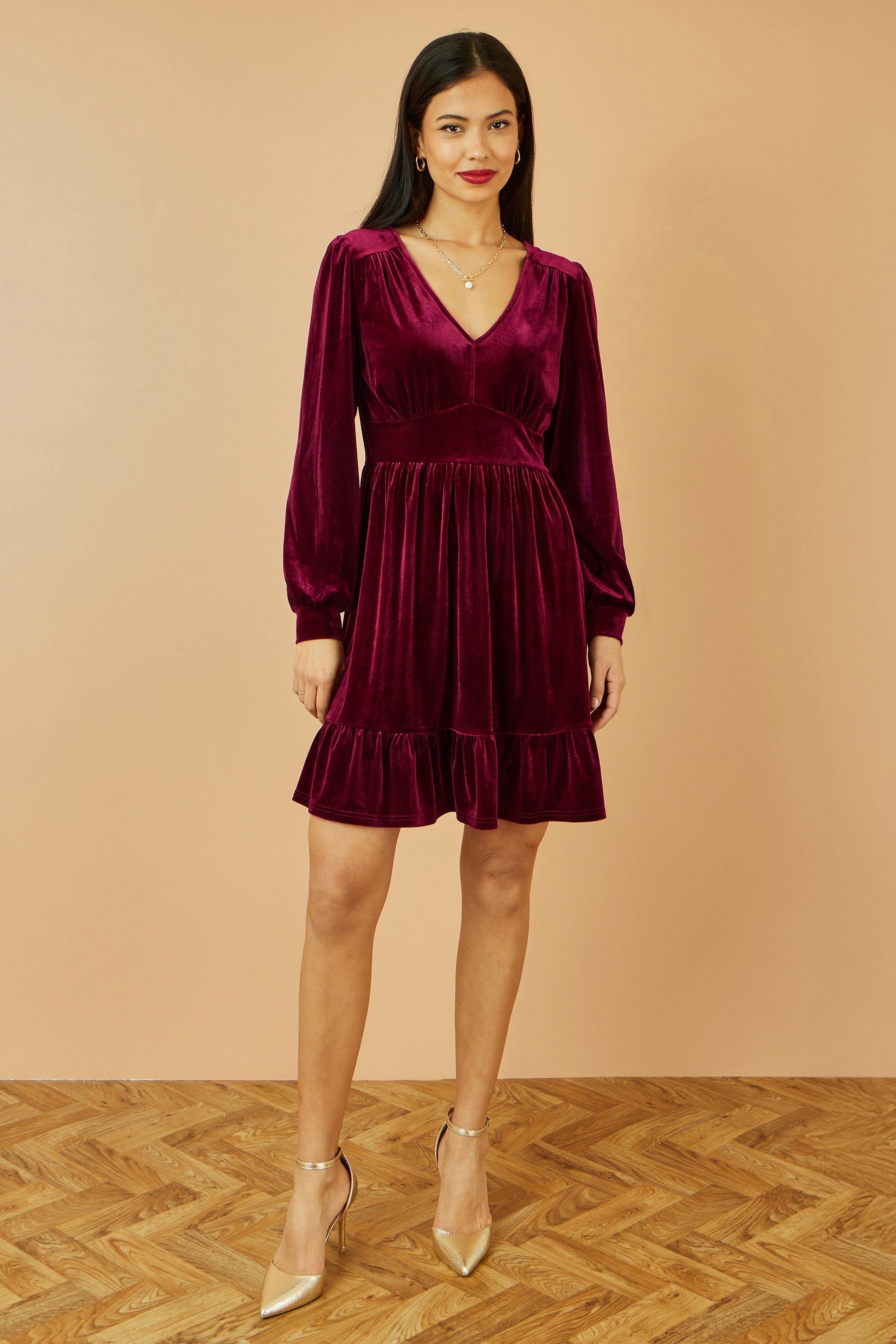 Yumi Burgundy Velvet Long Sleeve Skater Dress Dress Party Yumi