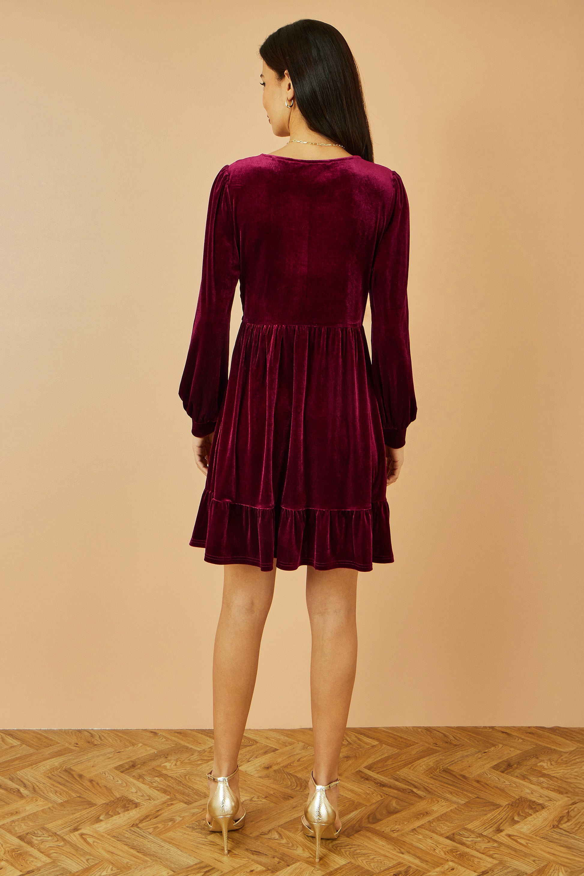Yumi Burgundy Velvet Long Sleeve Skater Dress Dress Party Yumi