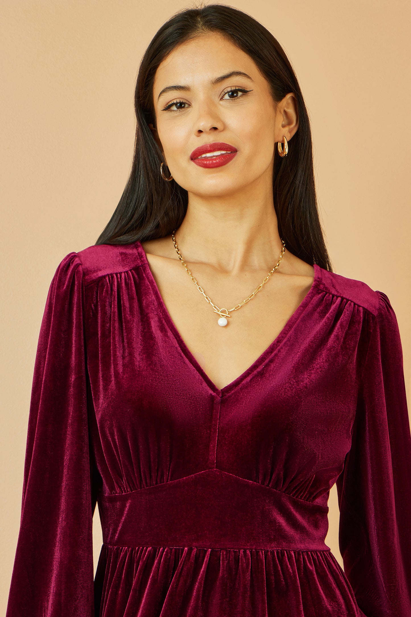 Yumi Burgundy Velvet Long Sleeve Skater Dress Dress Party Yumi
