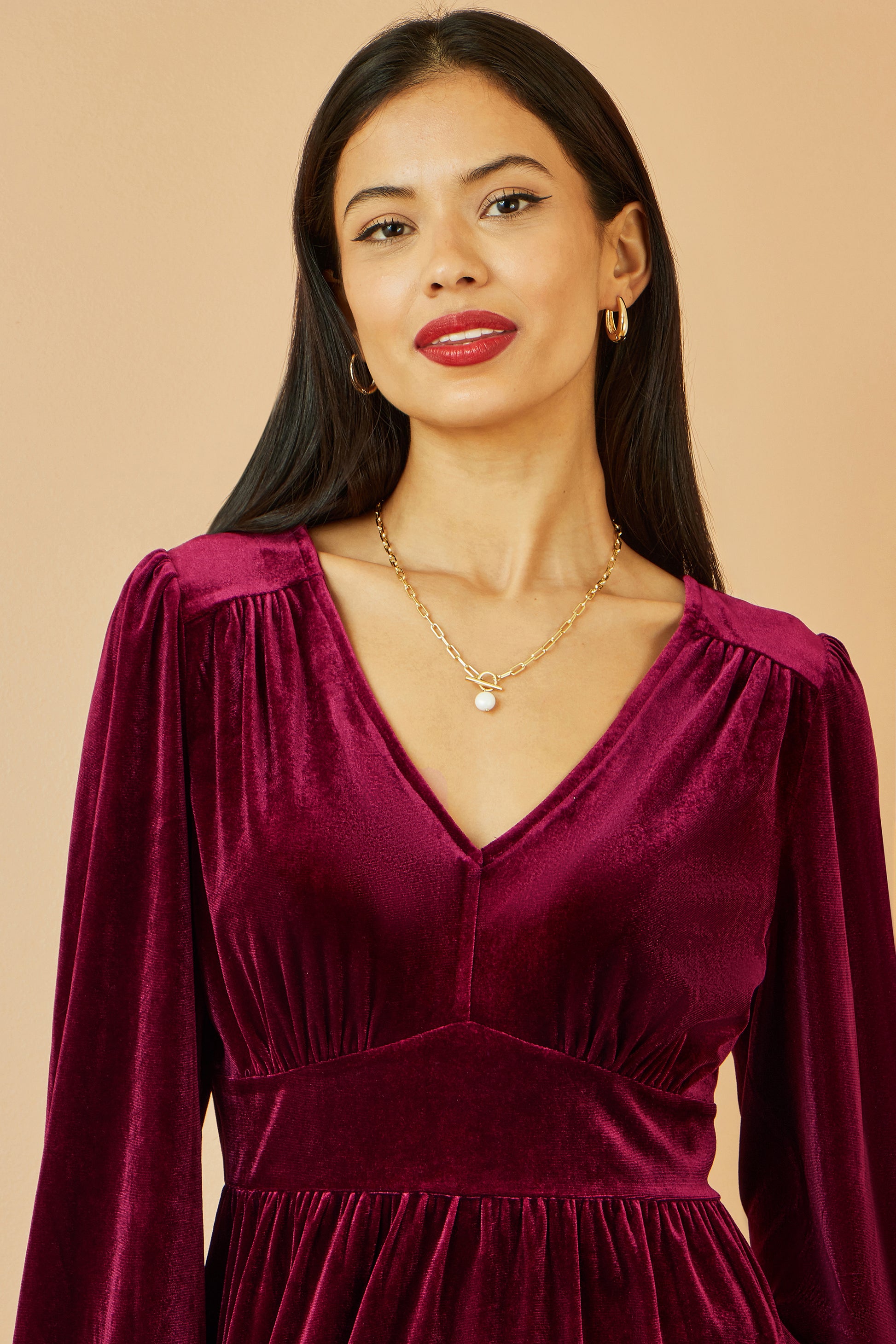 Yumi Burgundy Velvet Long Sleeve Skater Dress Dress Party Yumi