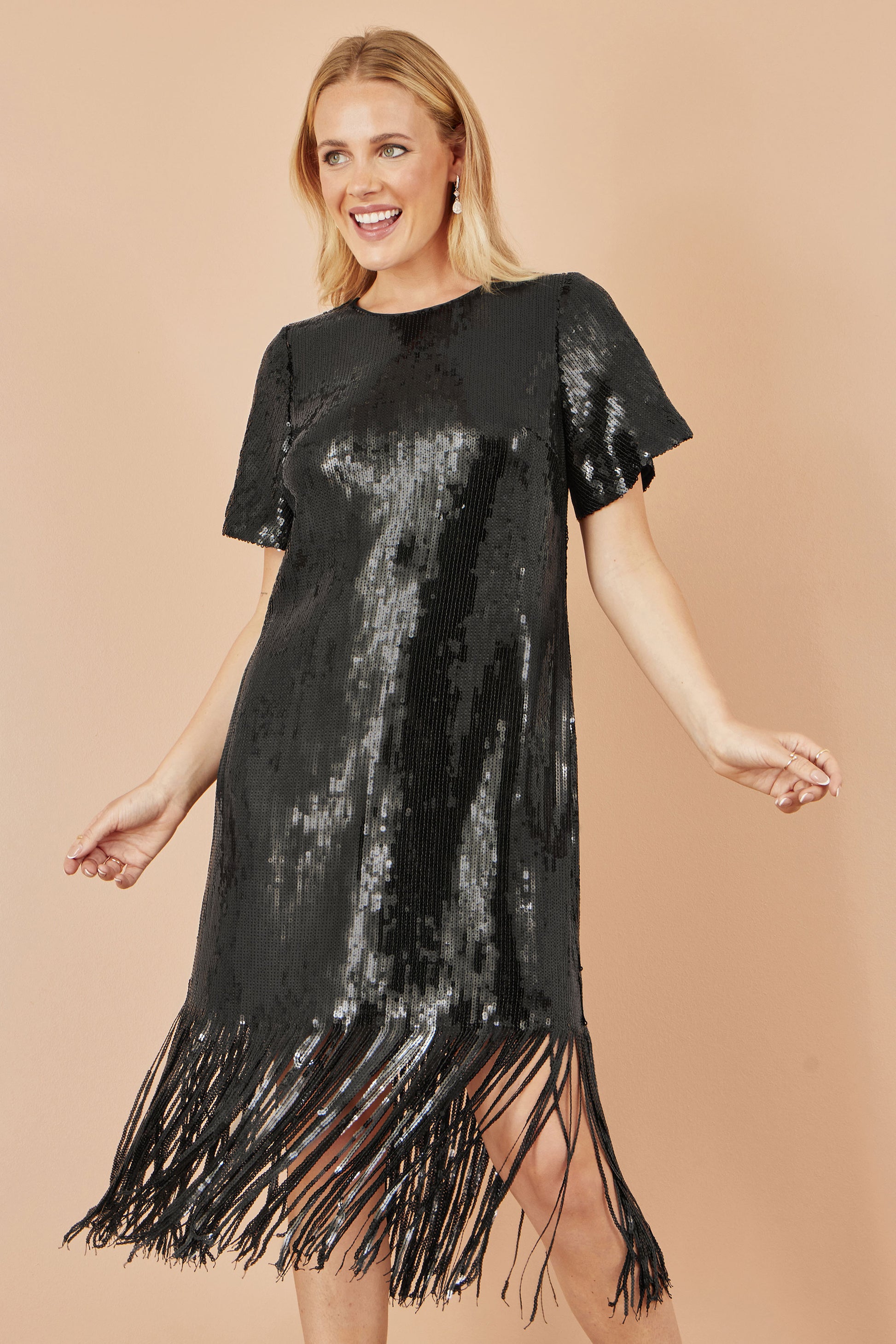 Yumi Black Sequin Tassels Hem Midi Tunic Dress Dress Party Yumi