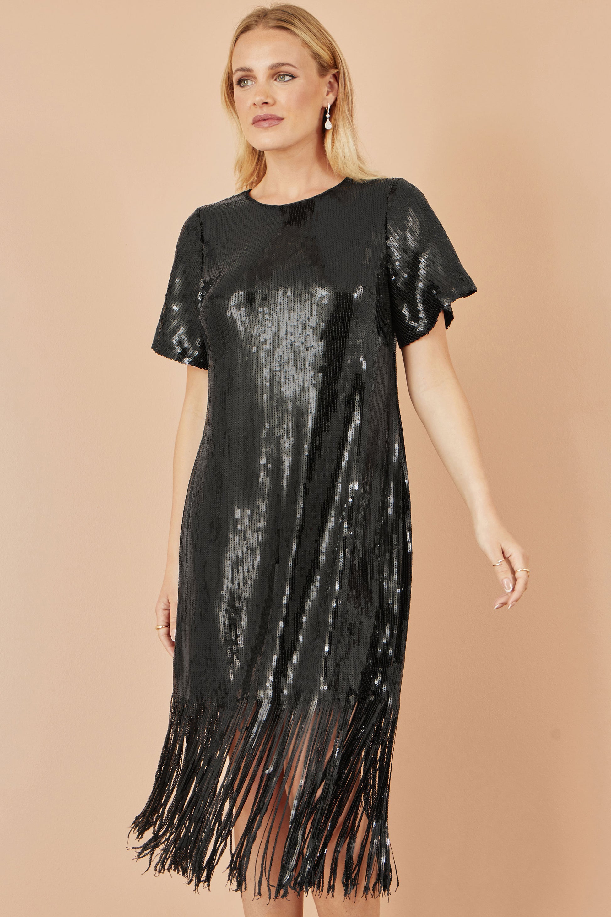 Yumi Black Sequin Tassels Hem Midi Tunic Dress Dress Party Yumi