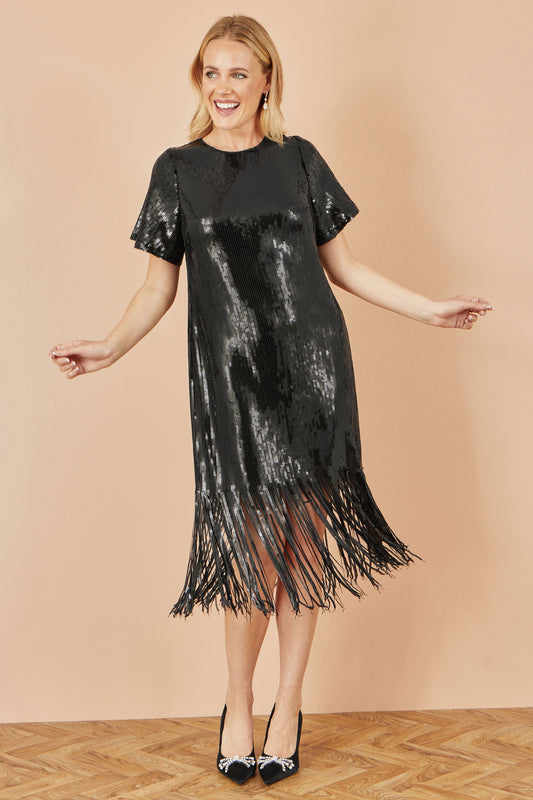Yumi Black Sequin Tassels Hem Midi Tunic Dress Dress Party Yumi