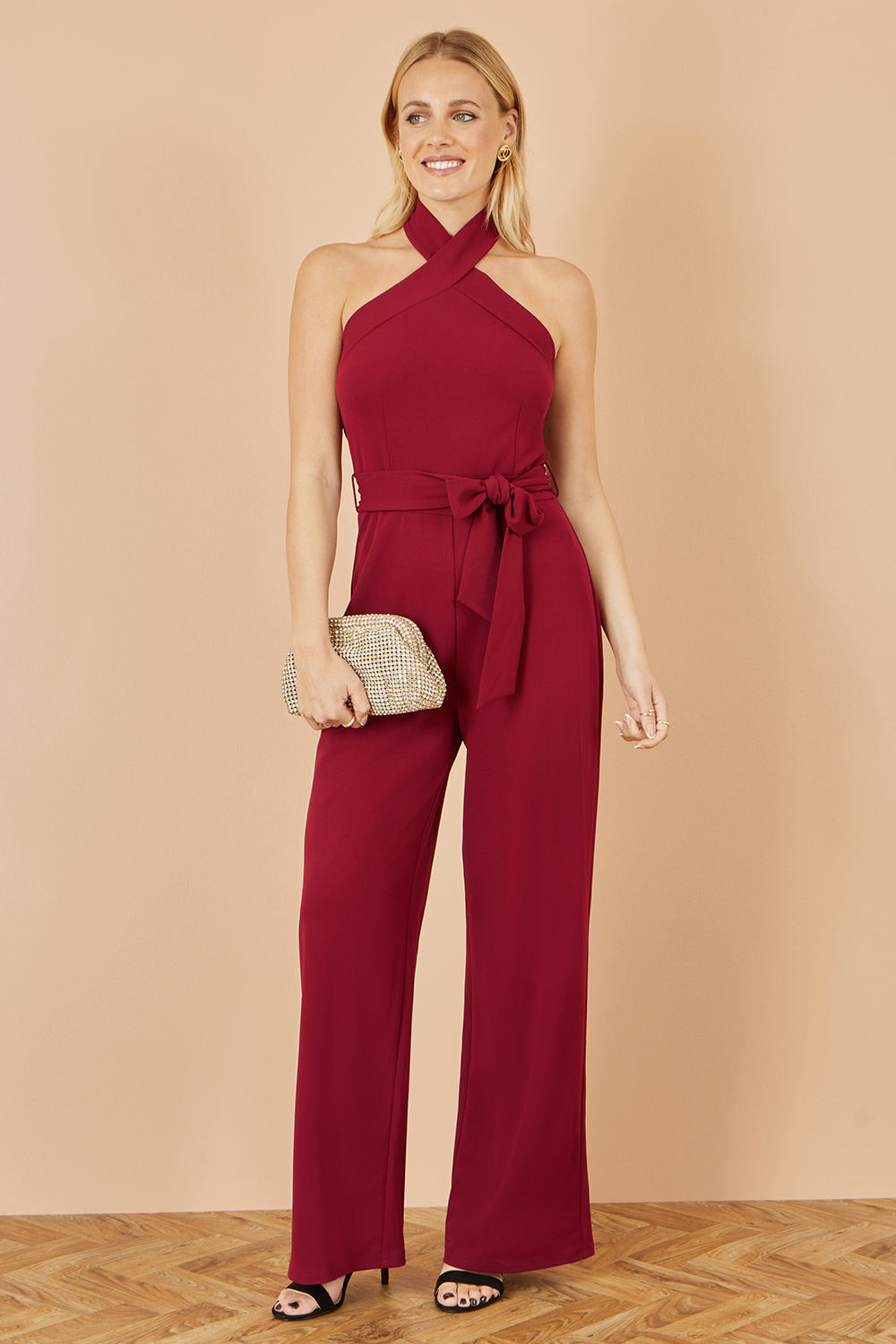 Yumi Burgundy Cross Over Halter Neck Jumpsuit JUMPSUIT Yumi
