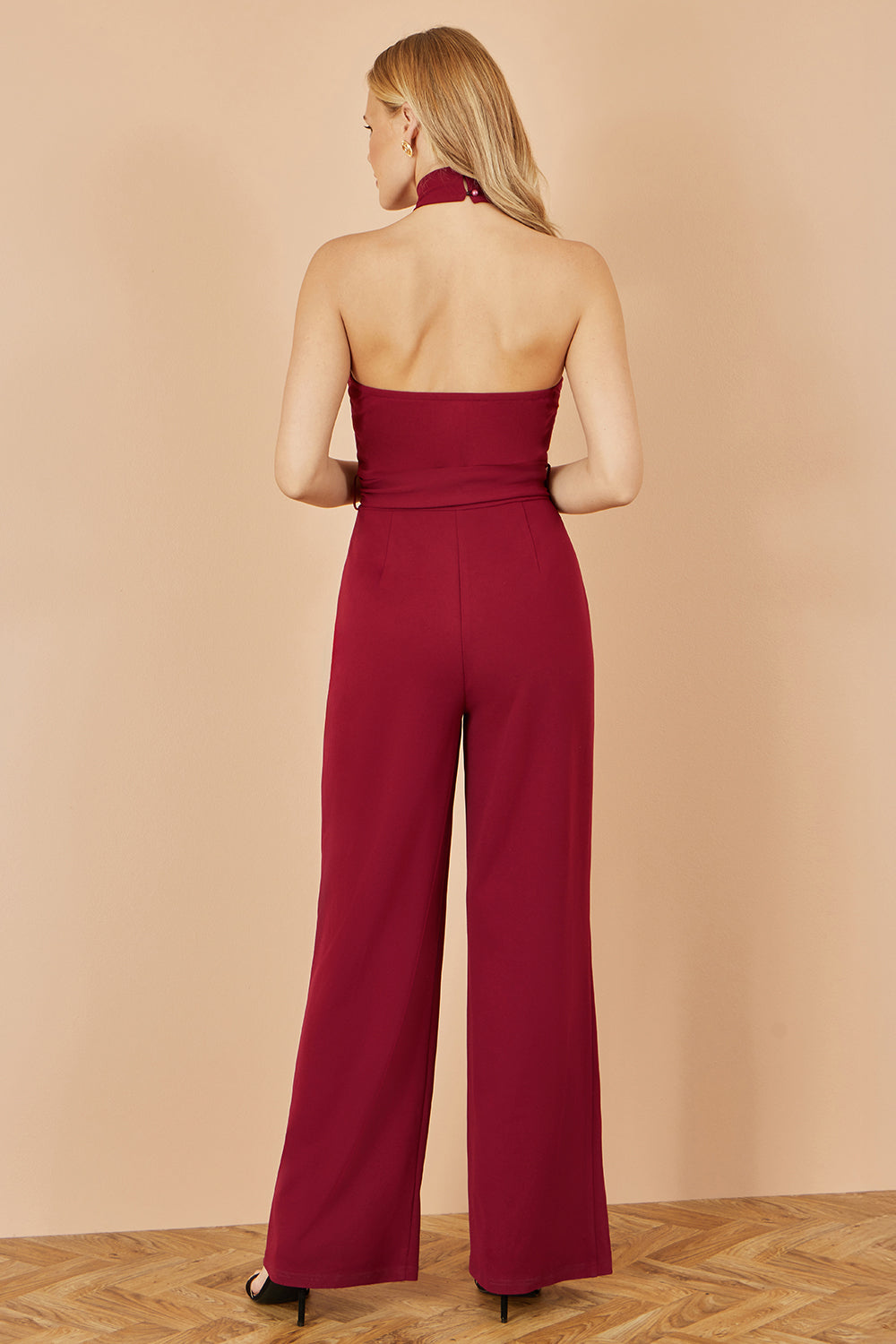 Yumi Burgundy Cross Over Halter Neck Jumpsuit JUMPSUIT Yumi