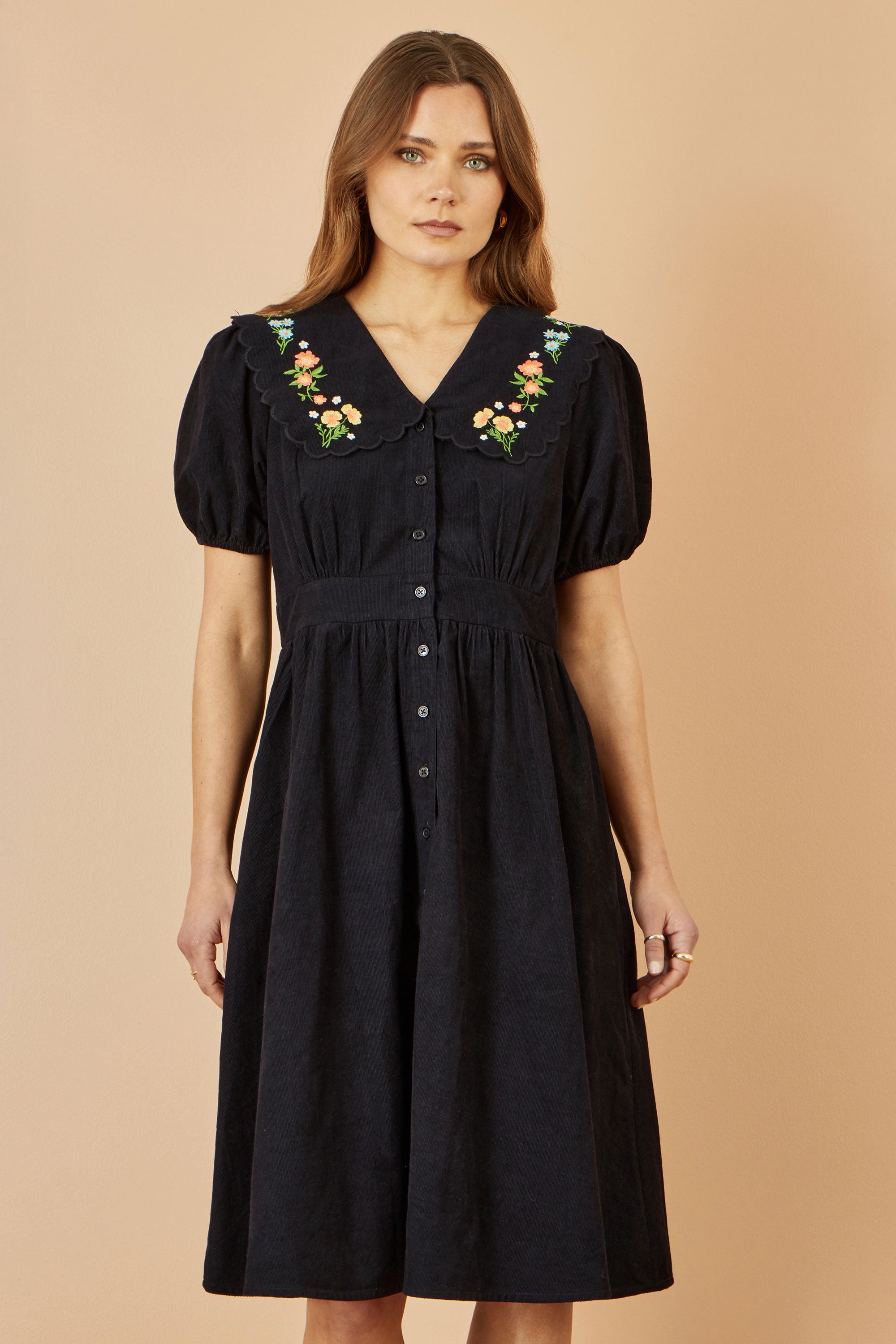 Yumi Black Long Sleeve Midi Dress With Floral Embroidery | Yumi