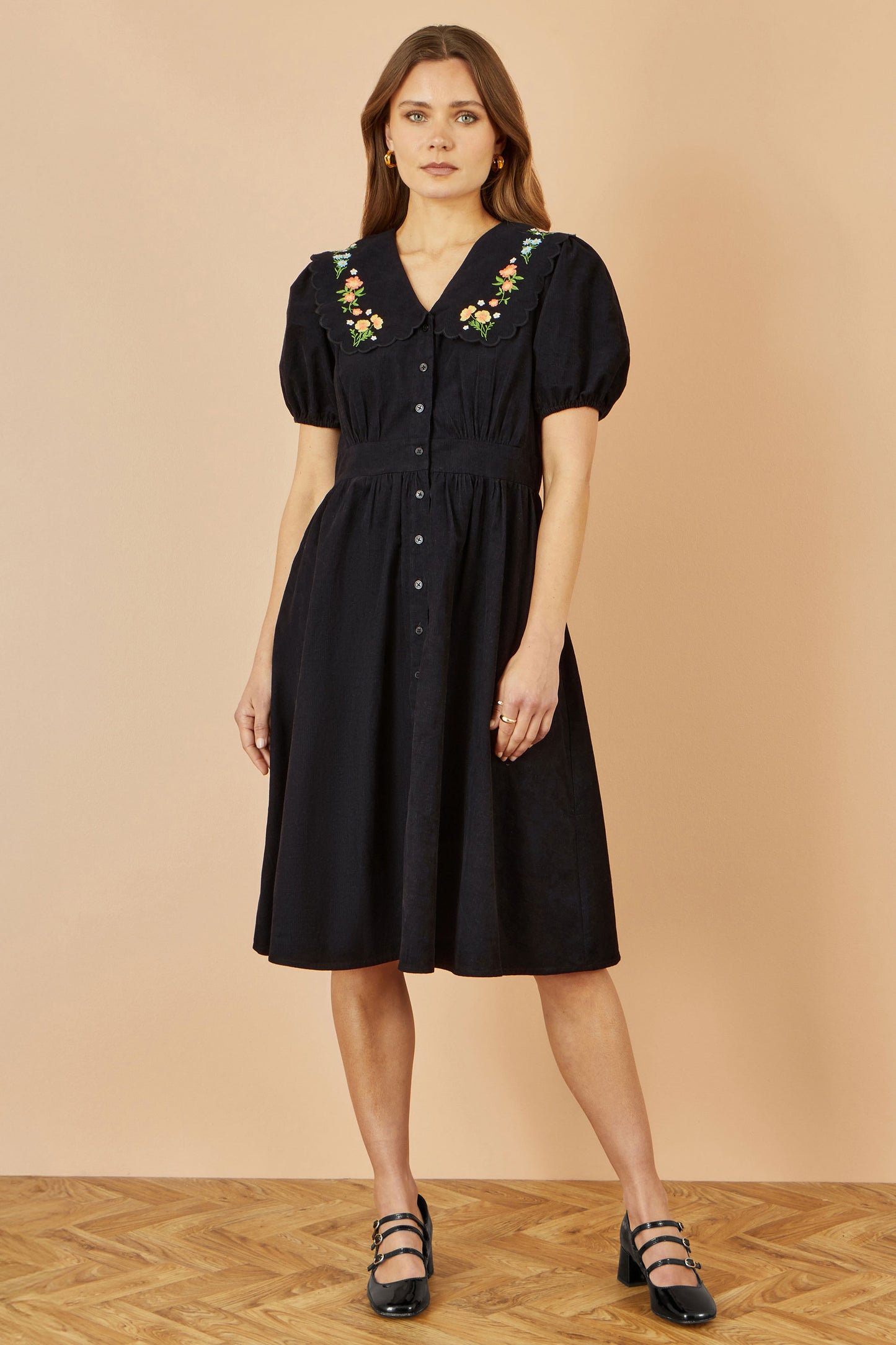 Yumi Black Long Sleeve Midi Dress With Floral Embroidery Dress Casual Yumi