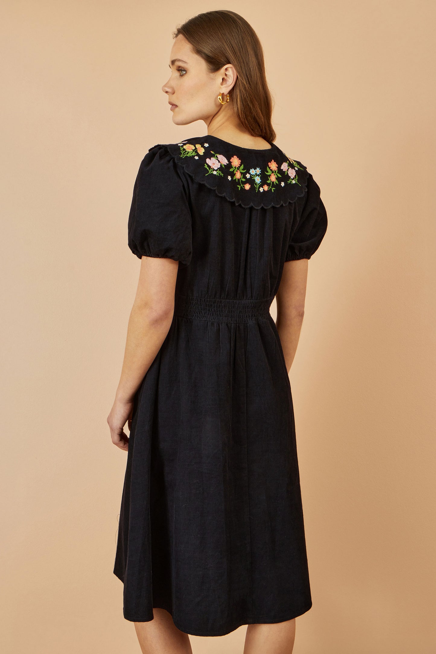 Yumi Black Long Sleeve Midi Dress With Floral Embroidery Dress Casual Yumi