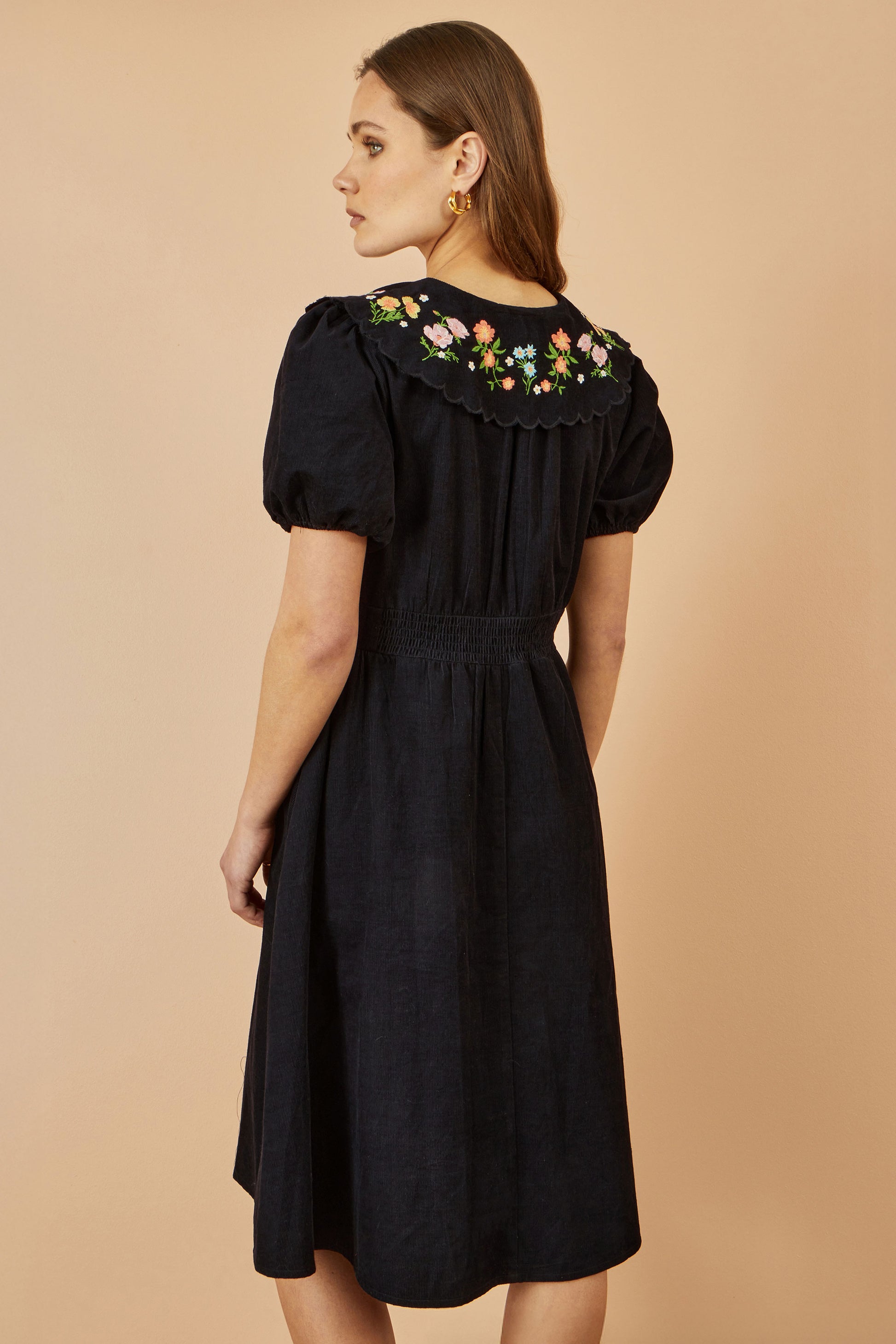 Yumi Black Long Sleeve Midi Dress With Floral Embroidery Dress Casual Yumi