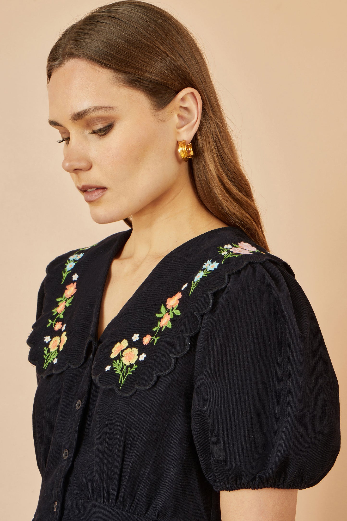 Yumi Black Long Sleeve Midi Dress With Floral Embroidery Dress Casual Yumi