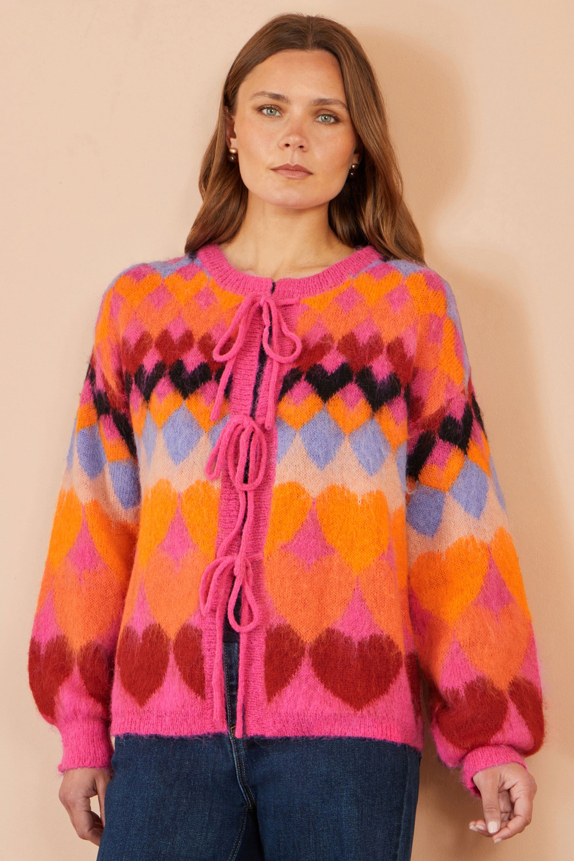 Yumi Pink Tie Front Heart Intarsia Cardigan Knit Cardigan Yumi